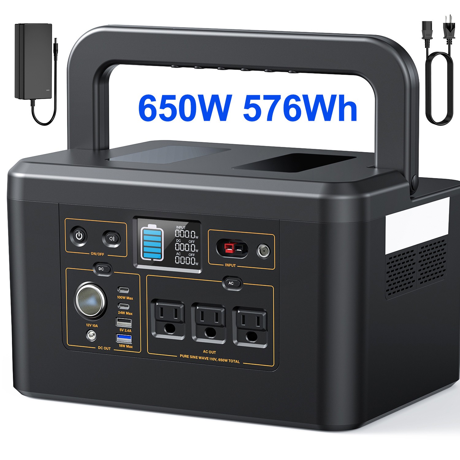 Portable Power Station 650W 576Wh Battery Camping Battery Backup Solar Generator