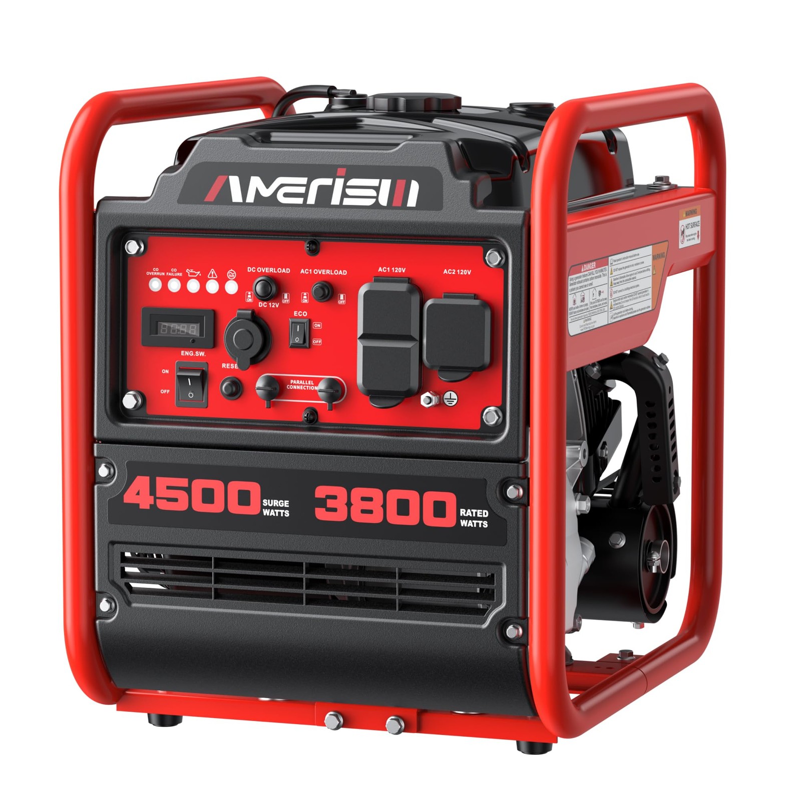 AMERISUN 4500W Open Frame Inverter Generator, 3800 2500W-Quiet, Red and Black