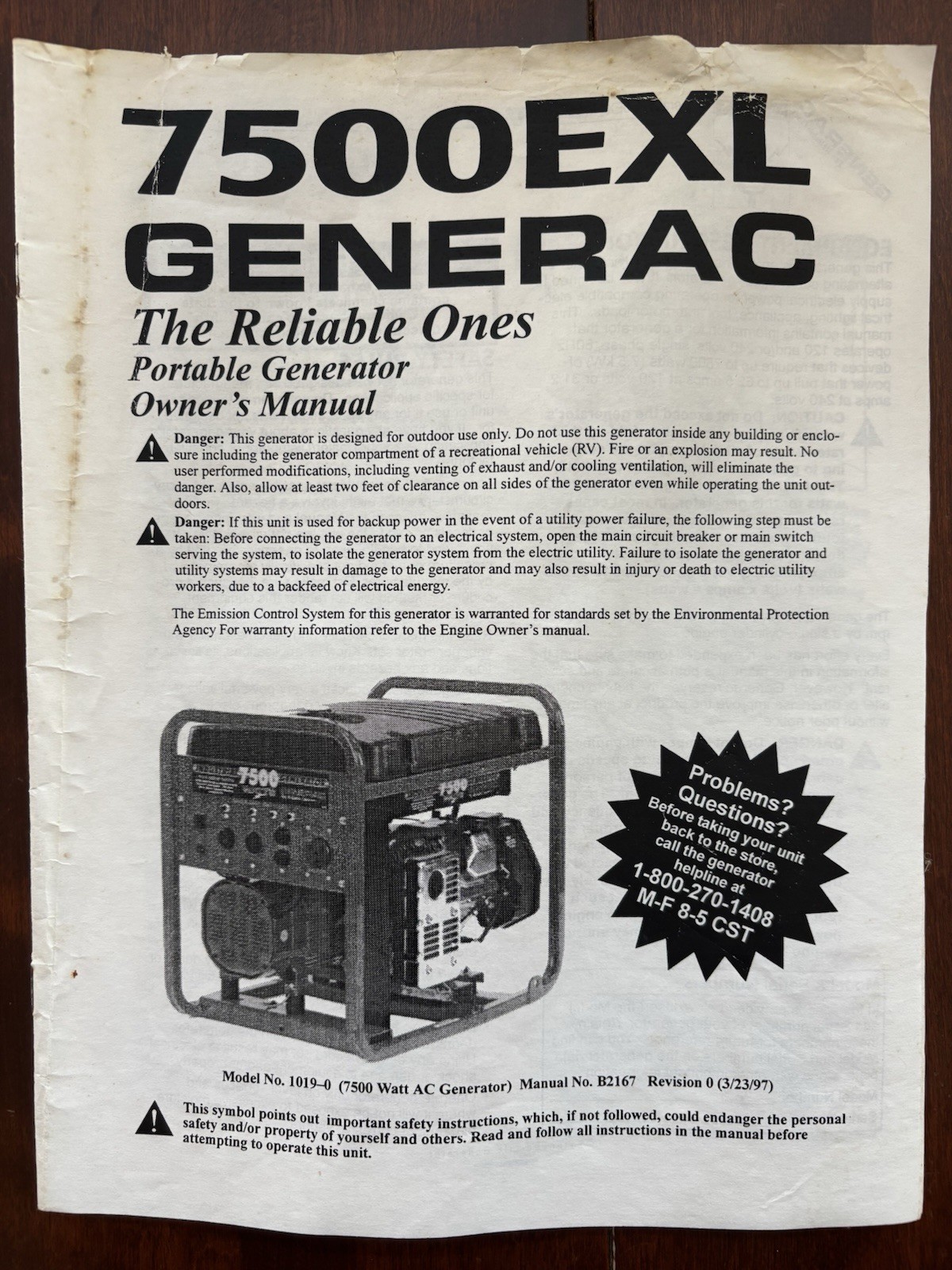 7500EXL Generac Overhead Valve Industrial Generator 9400 Surge Watts 1019-0