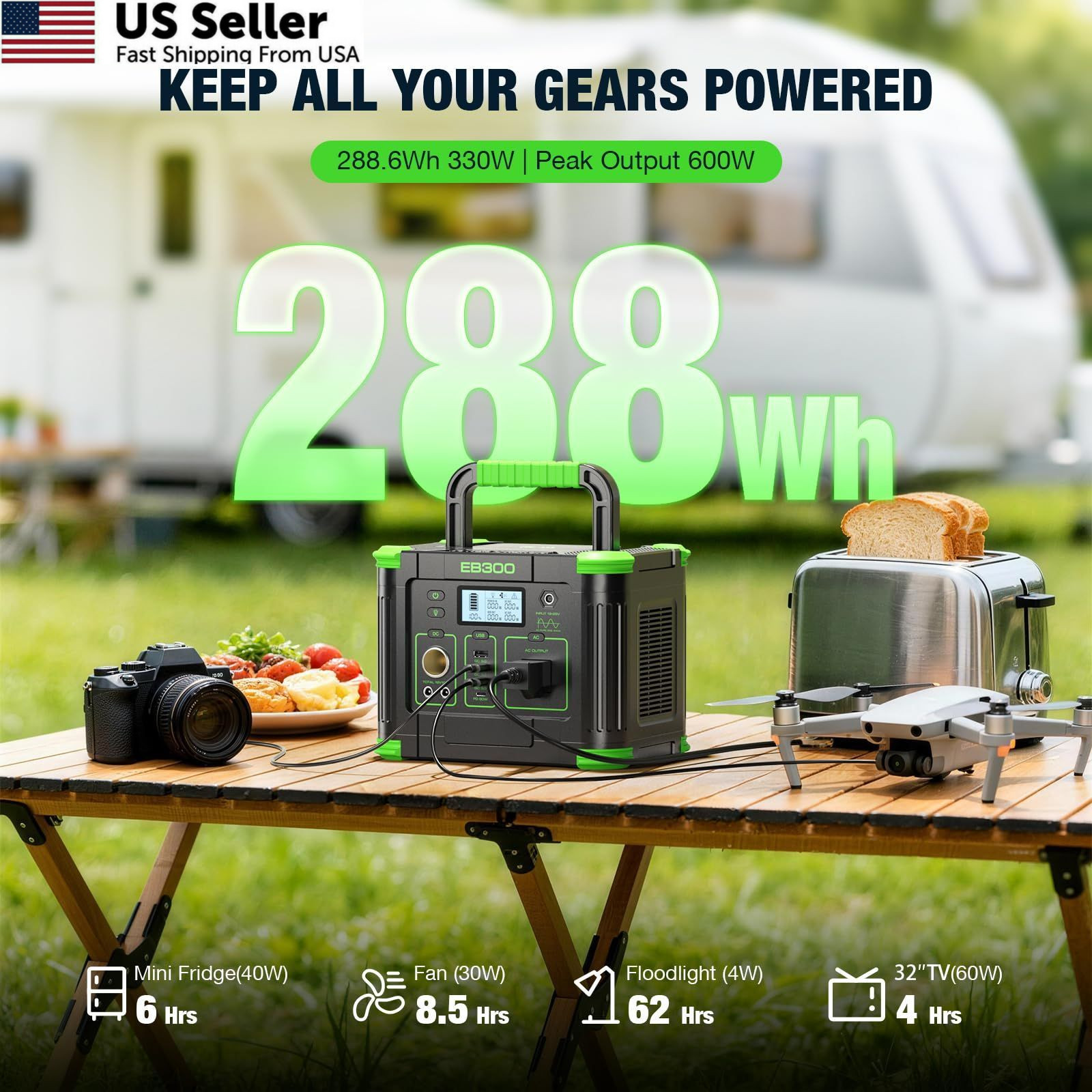 GRECELL Portable Power Station 300W, 288Wh Lithium Battery, 60W Fast Green