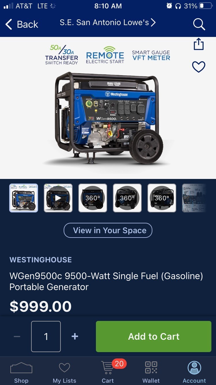 Westinghouse WGEN9500C Portable Generator 9500 Watt