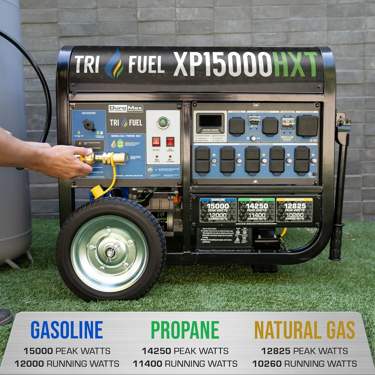 DuroMax 15,000-W Portable Hybrid Tri Fuel Gas Generator, Remote Start, CO Sensor