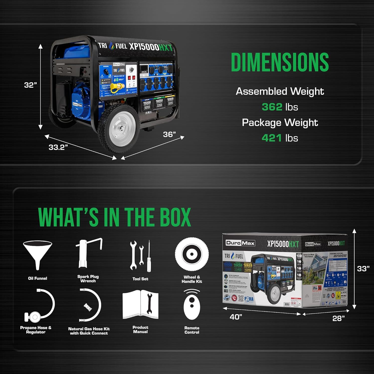 DuroMax 15,000-W Portable Hybrid Tri Fuel Gas Generator, Remote Start, CO Sensor