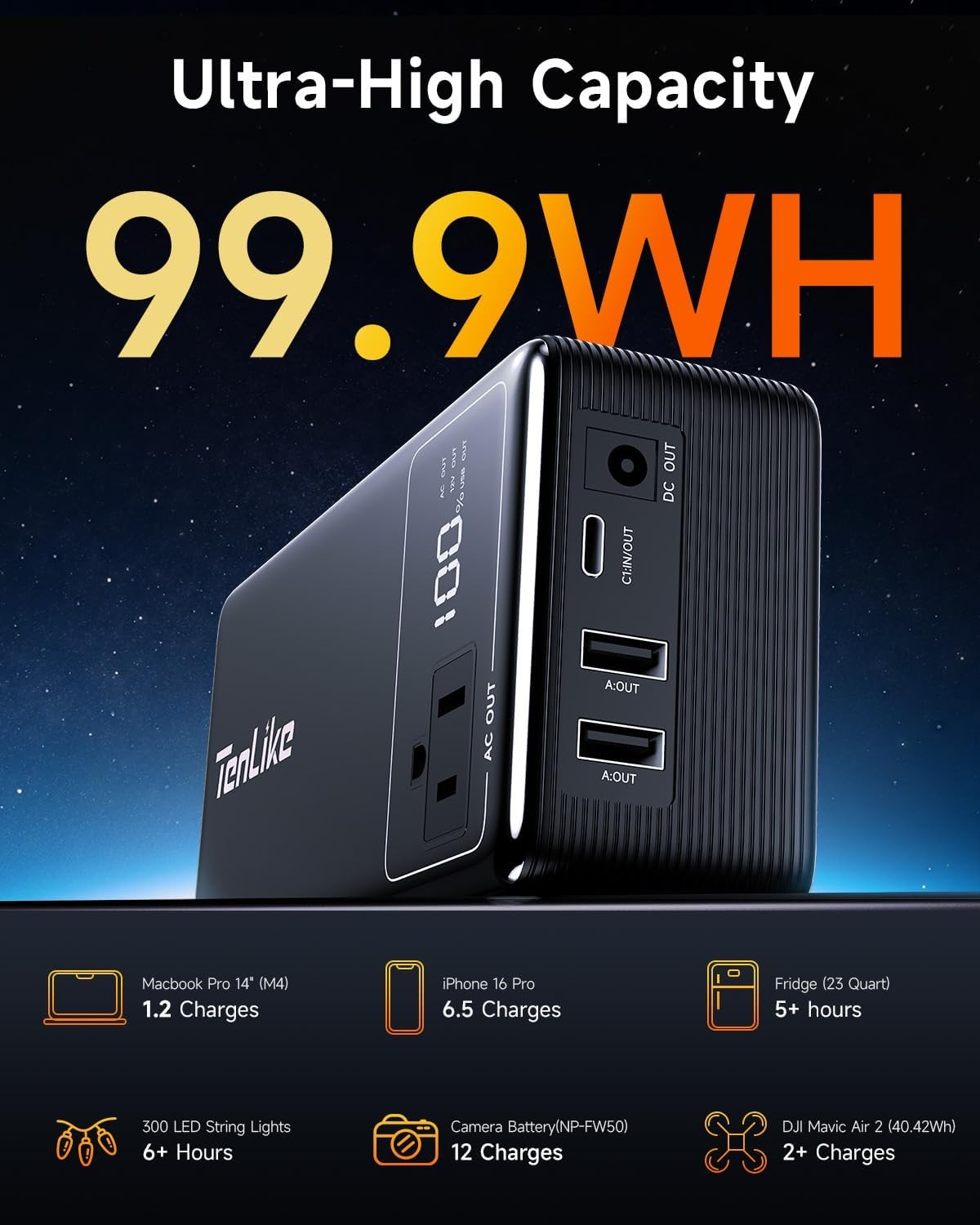 Portable Power Station with AC Outlet Bank for Camping Essentials Black