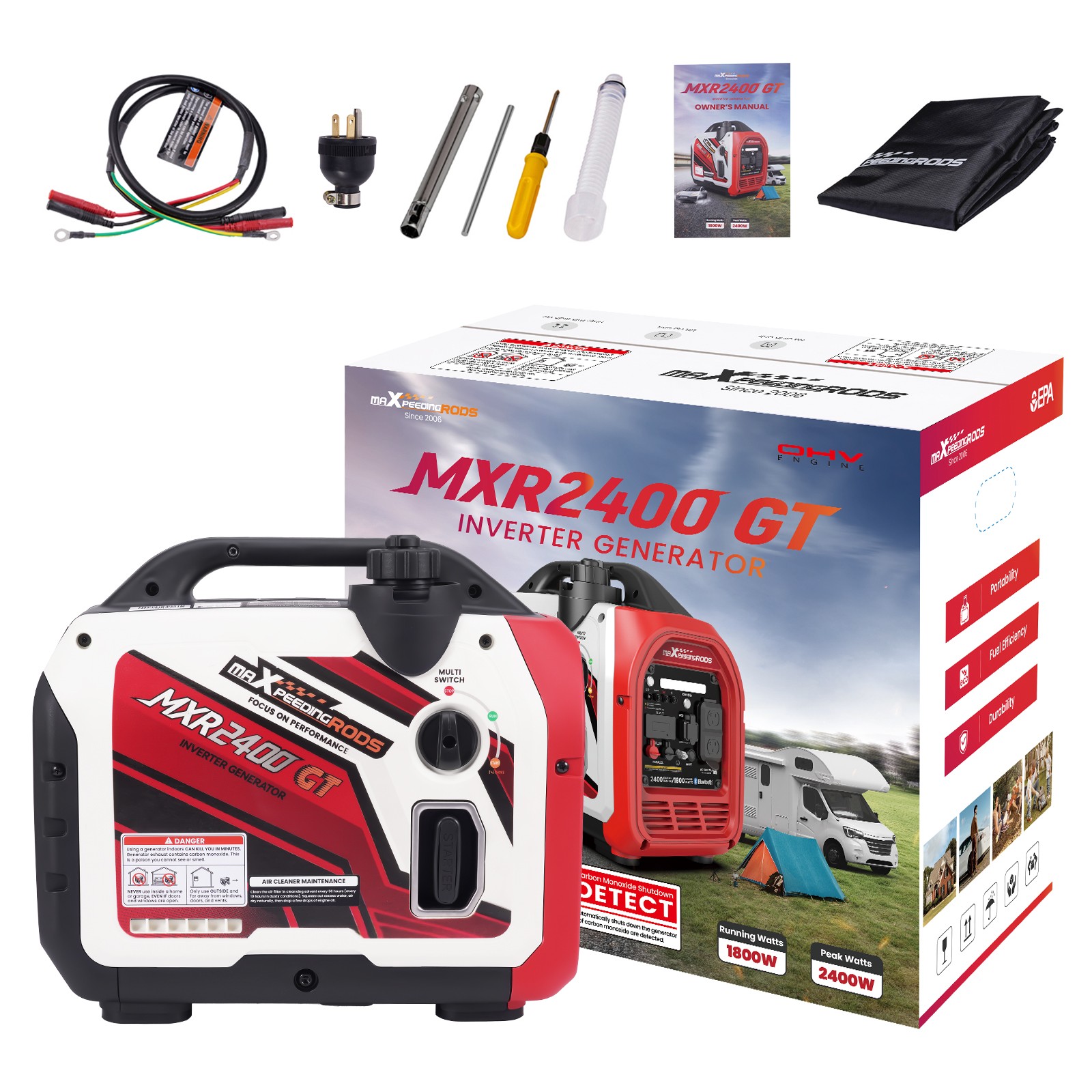 Super Quiet 58dB Inverter Generator 2400W Lightweight 15kg with CO Auto Shutdown