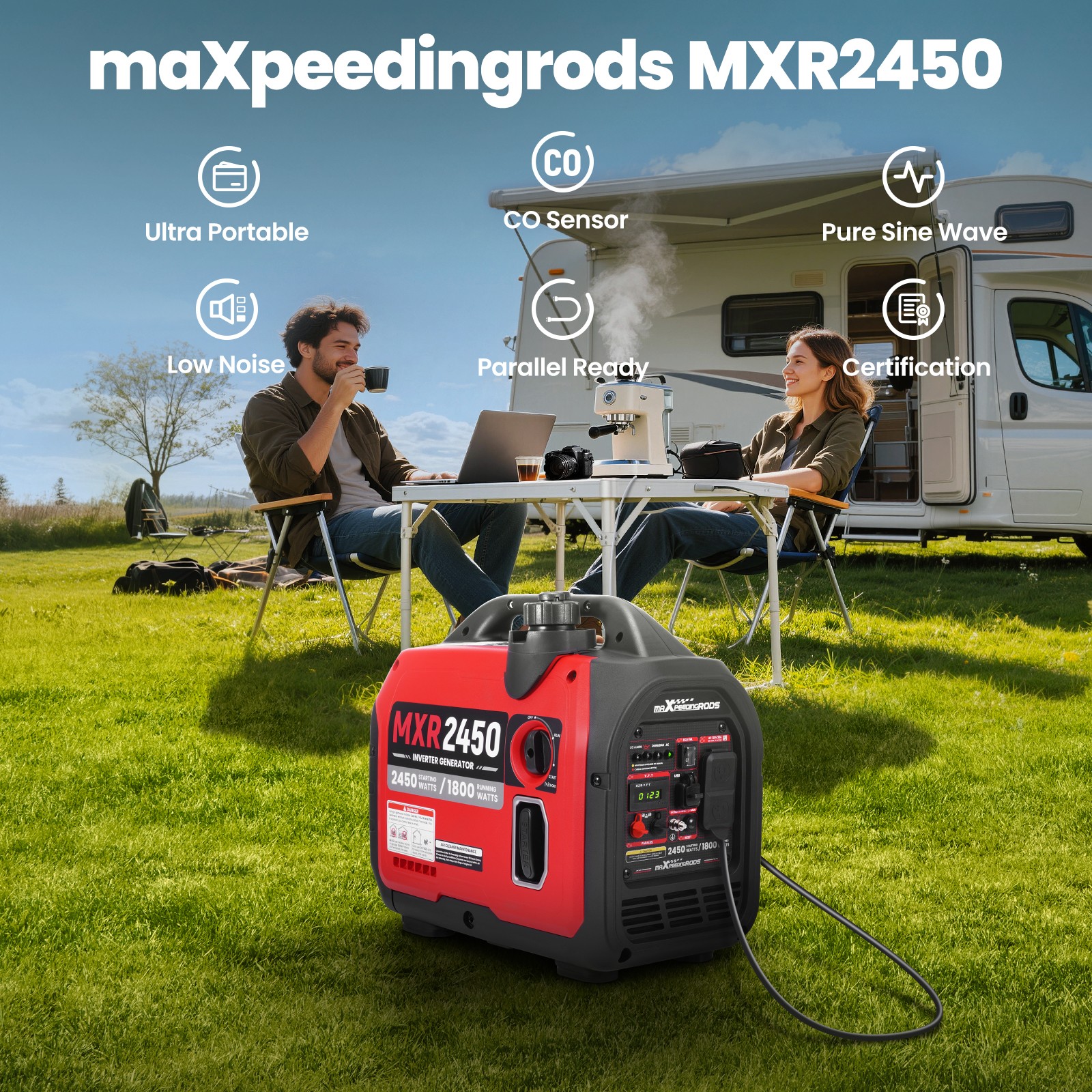 Portable Gasoline Inverter 2450W Peak – 15kg Lightweight for Trunk & RV Storage
