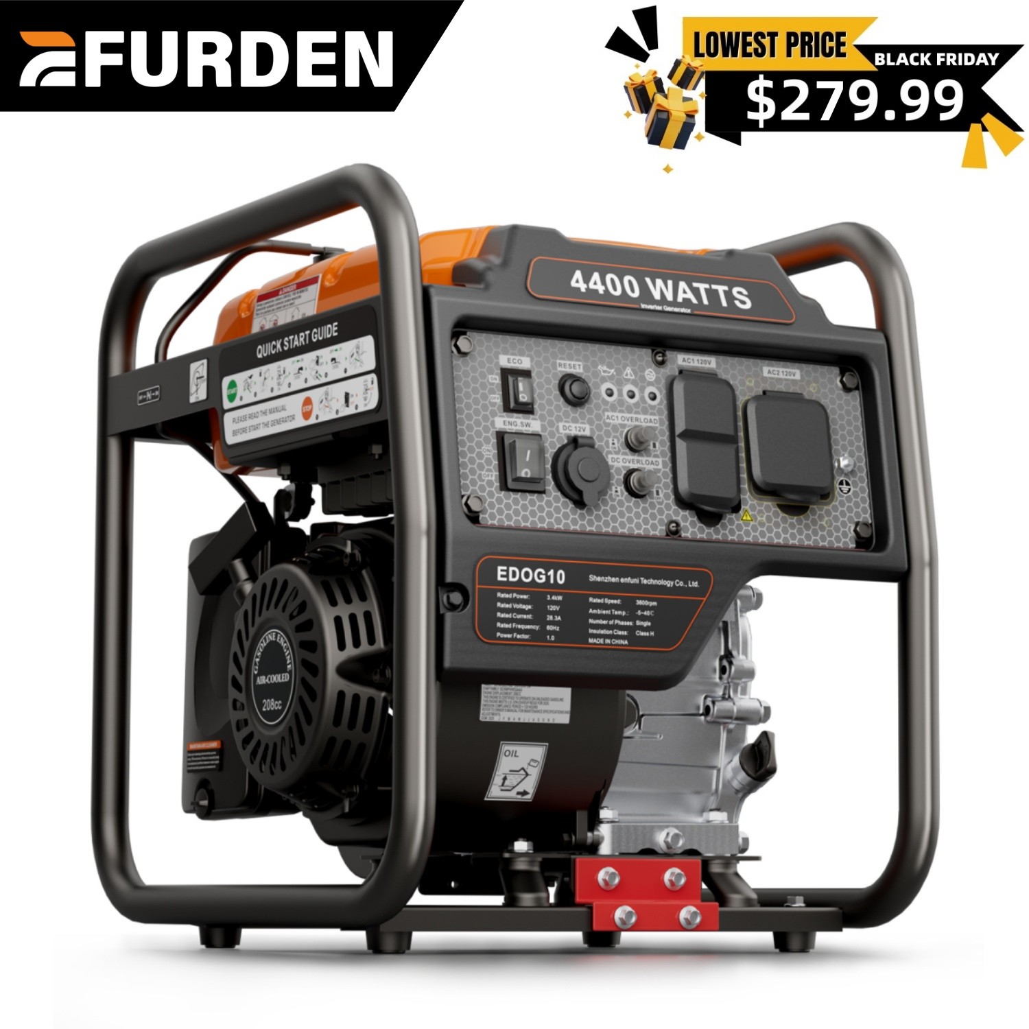 Efurden Portable Inverter Generator 4400-Watt, Gas Powered Generator for Emergen