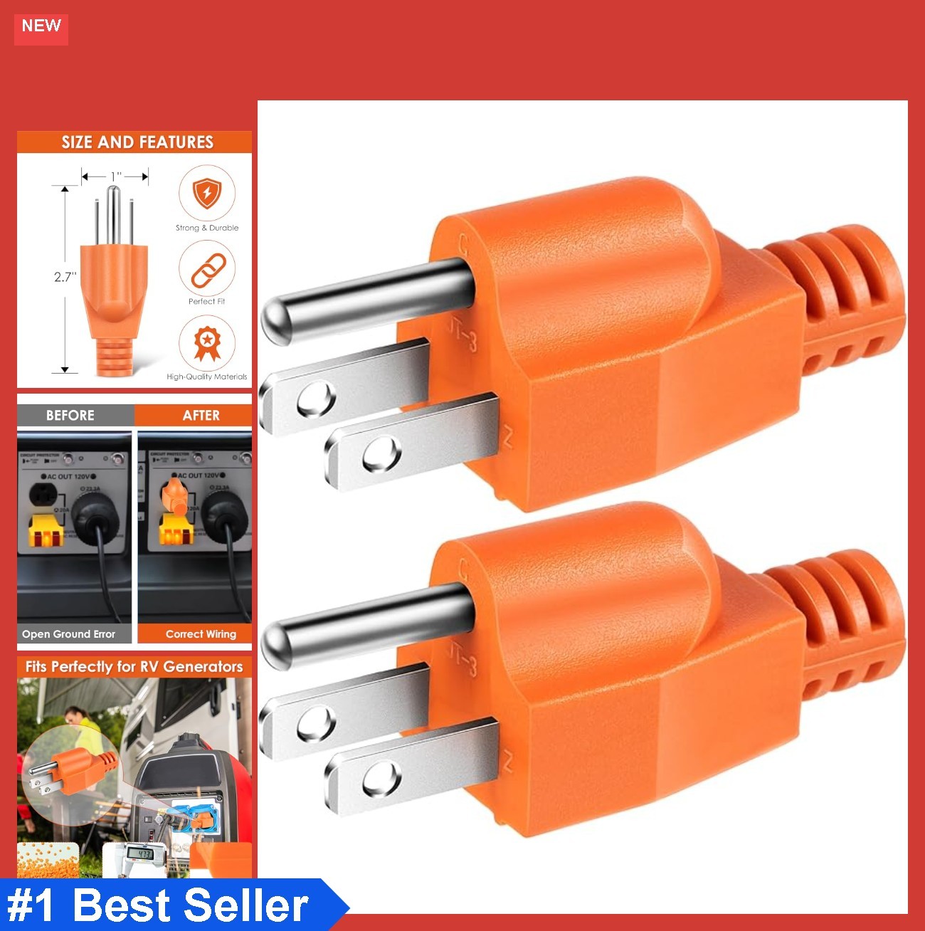 Neutral Ground Bonding Plug for Portable Generator NEMA 5-15P 120V 15A 2 Pack