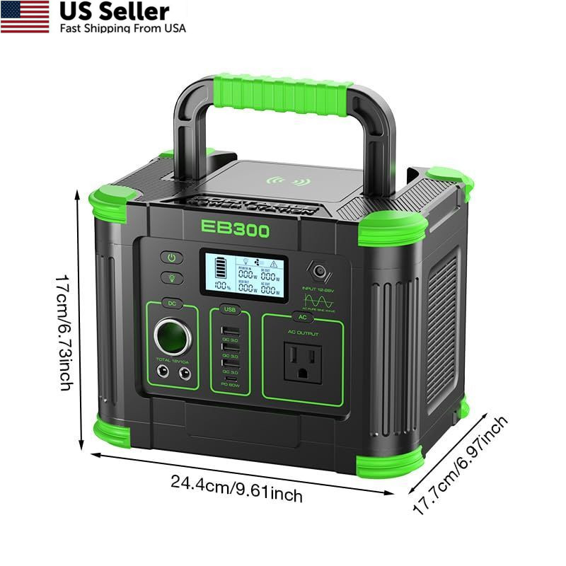 GRECELL Portable Power Station 300W, 288Wh Lithium Battery, 60W Fast Green