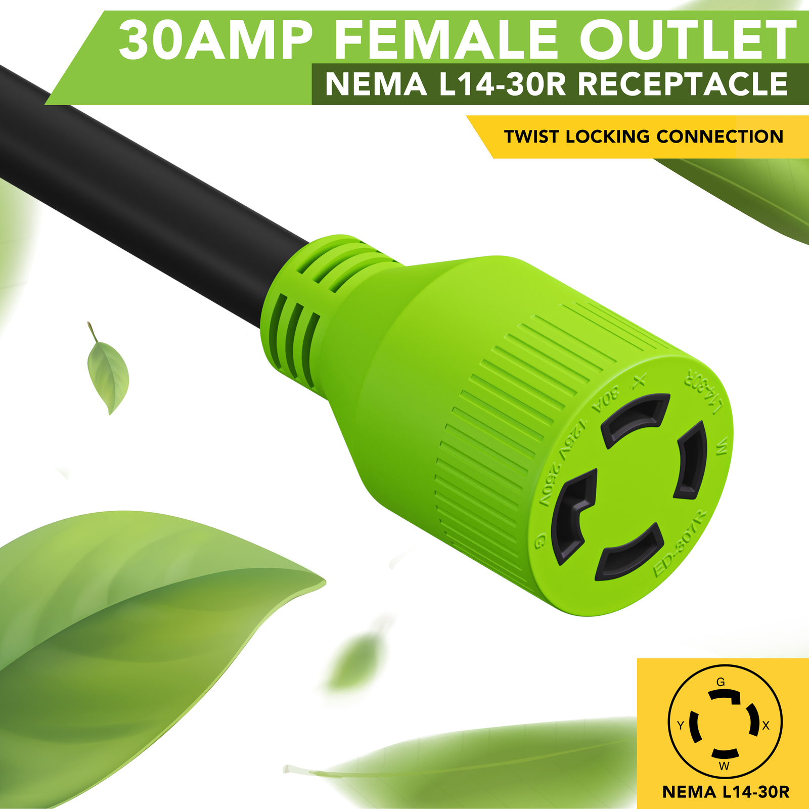 Leisure Cords NEMA L14-30 4 Prong Locking 30 Amp Generator Extension Cord, 25 ft