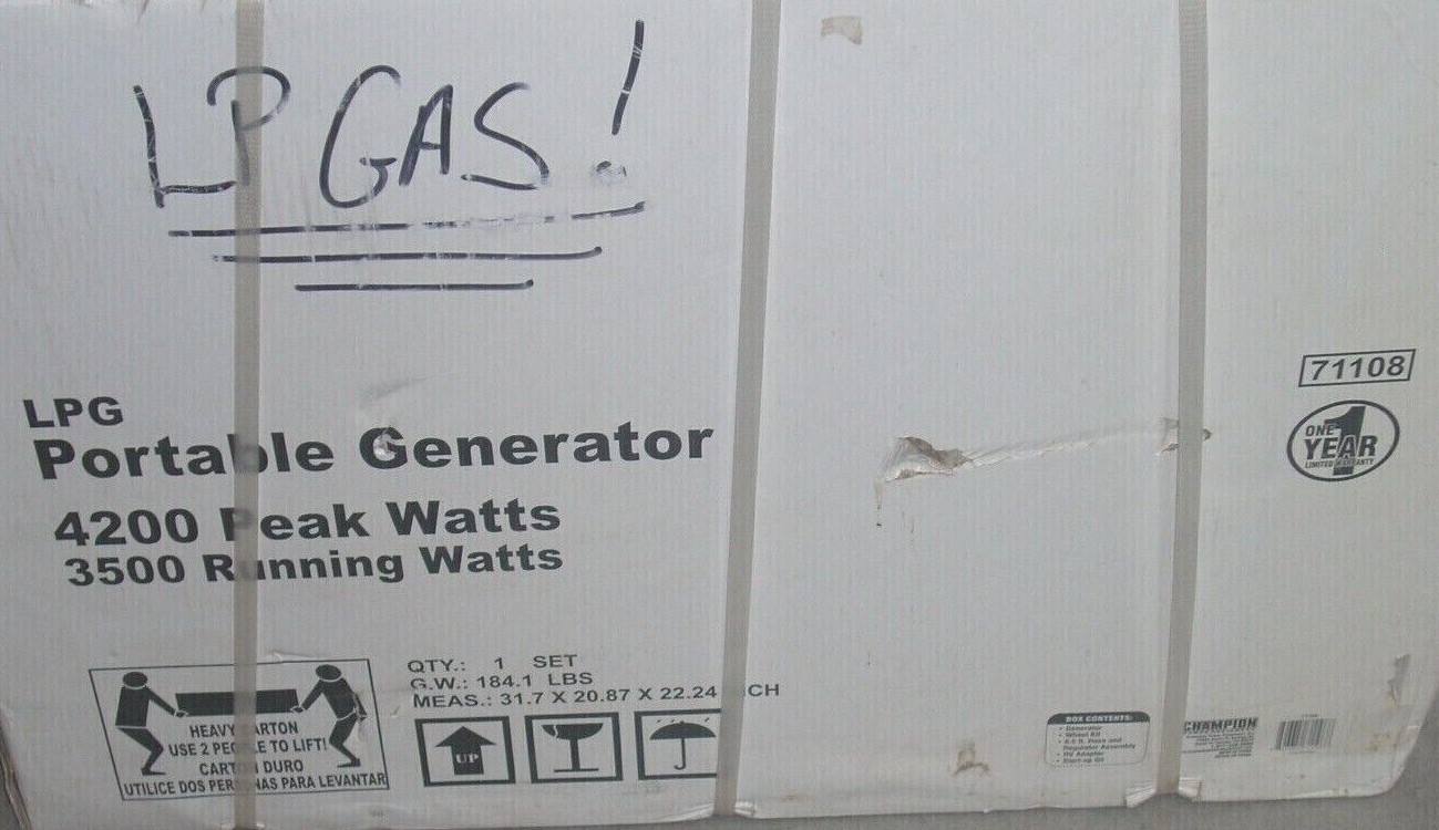 Champion 71108 Propane Portable Generator 4200/3500 Watts w Wheel Kit Regulator