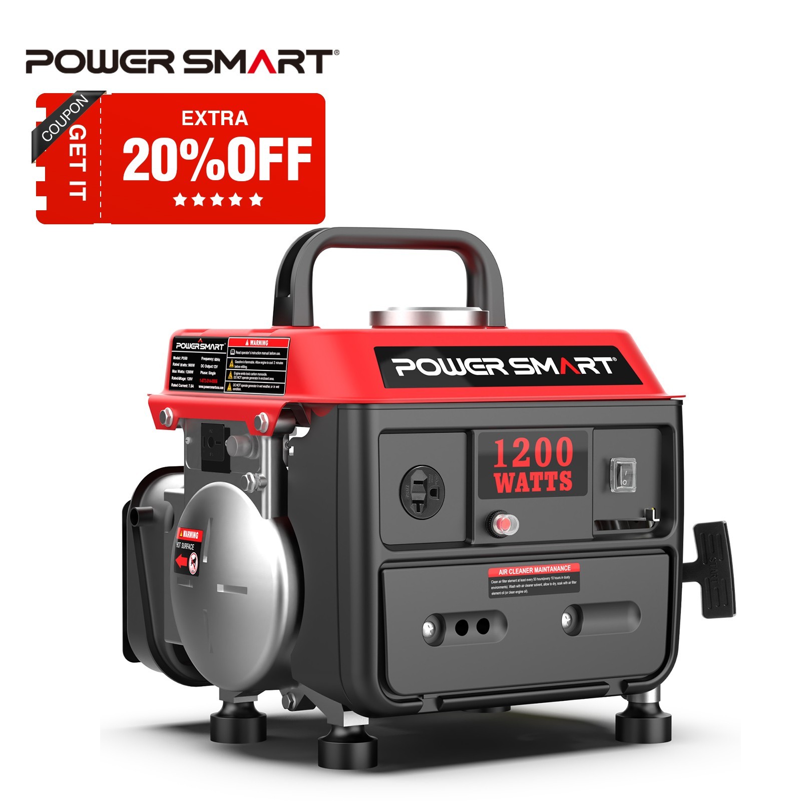 PowerSmart 1200W Gas Generator, 79cc Engine, 5-Hour Runtime, 120V Output, New