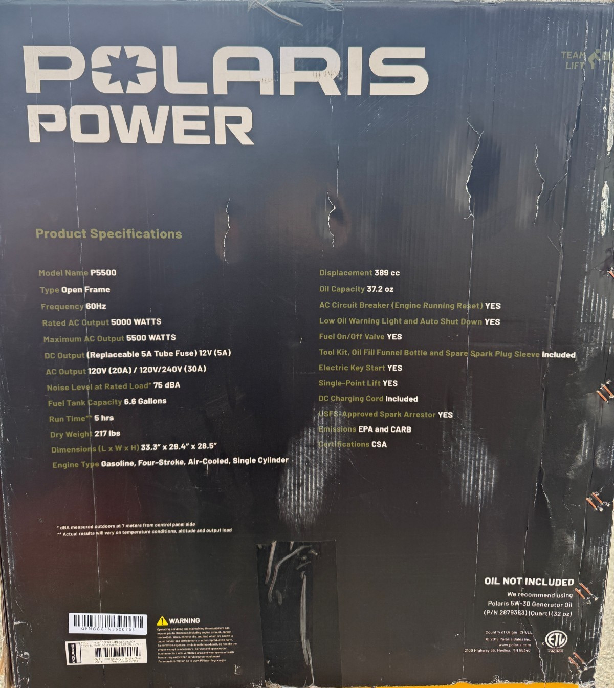 2019 Polaris Power P5500 Generator (NEW NEVER RAN OR OPENED) (P/N 2830534)