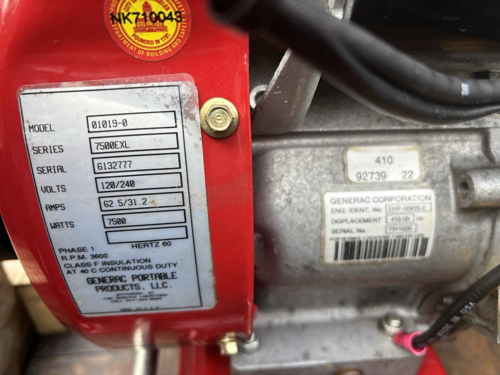 7500EXL Generac Overhead Valve Industrial Generator 9400 Surge Watts 1019-0