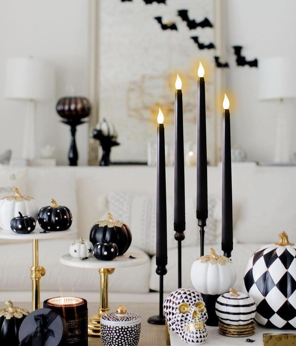 24Pcs Halloween Black Flameless Taper Candles – Battery Operated 2 AAA Long Deco