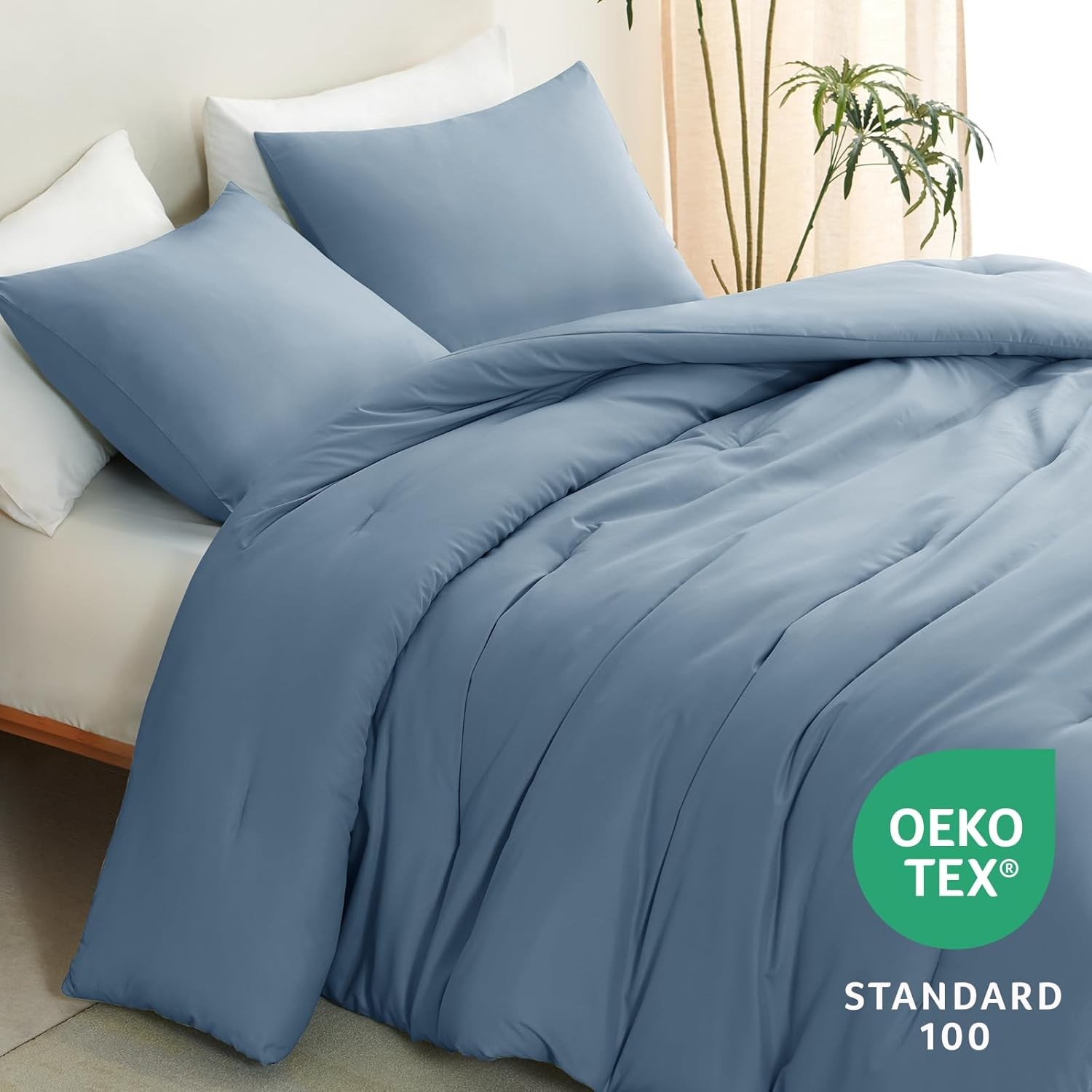 Queen Comforter Set Grayish Blue 1 Comforter & 2 Pillowcases Quilted Soft Fluffy