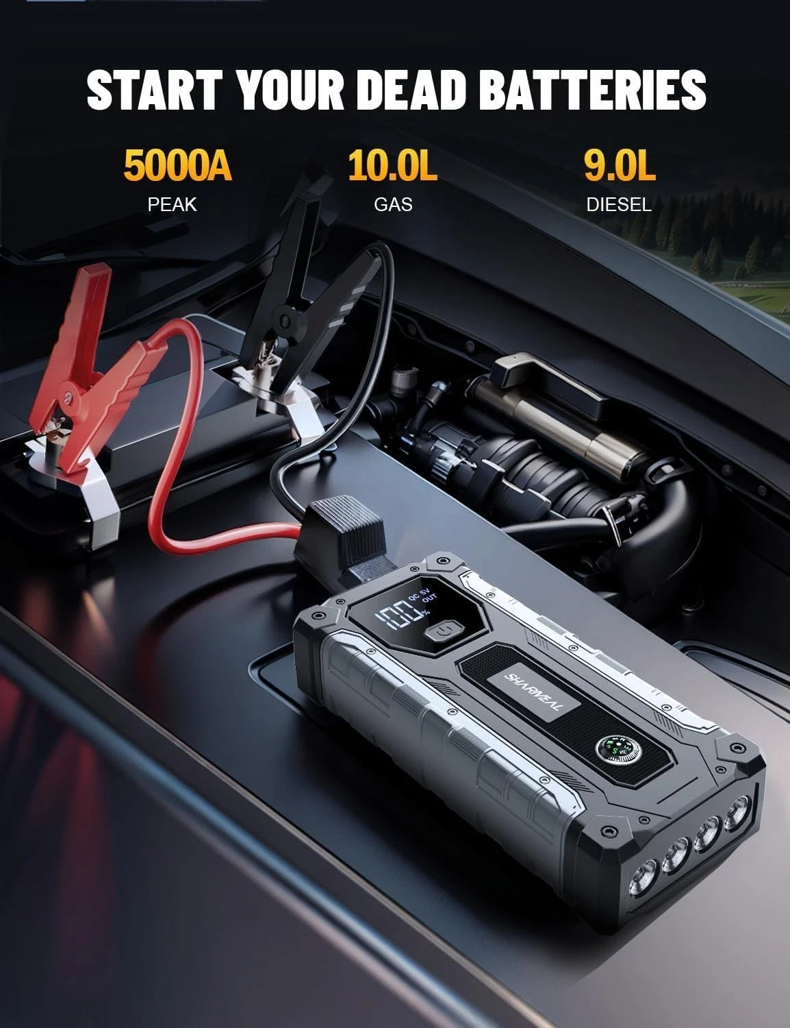 Arrancador Portatil 5000A Para Auto 12V 10L Gas 9L Diesel Bateria Luz Emergentes