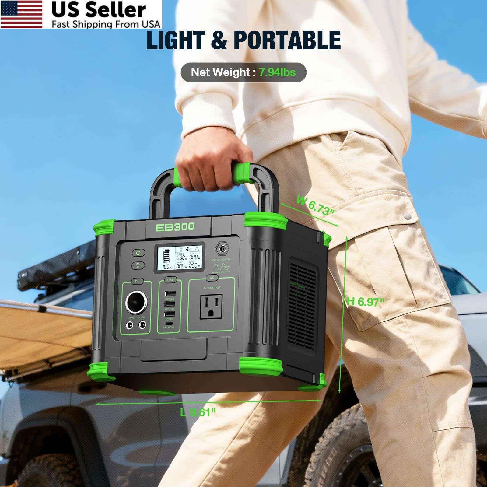 GRECELL Portable Power Station 300W, 288Wh Lithium Battery, 60W Fast Green