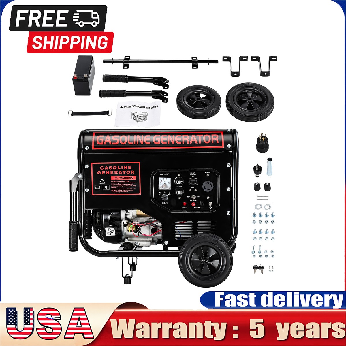 Gas Generator 110V for Home Backup Camping Job Site with Movable Wheels