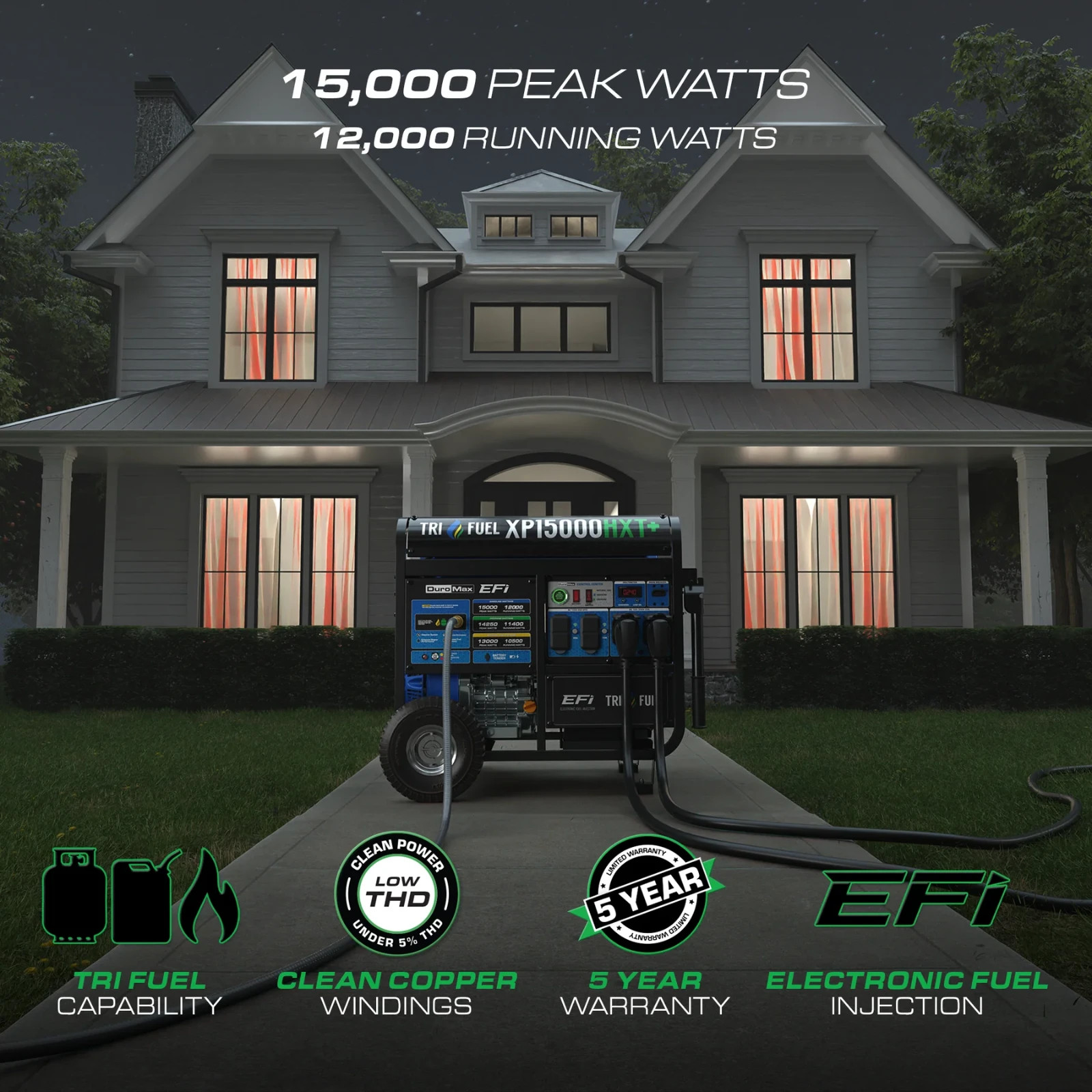 DuroMax XP15000HXT+ 15,000 Watt Tri Fuel Portable Generator Natural Gas Propane