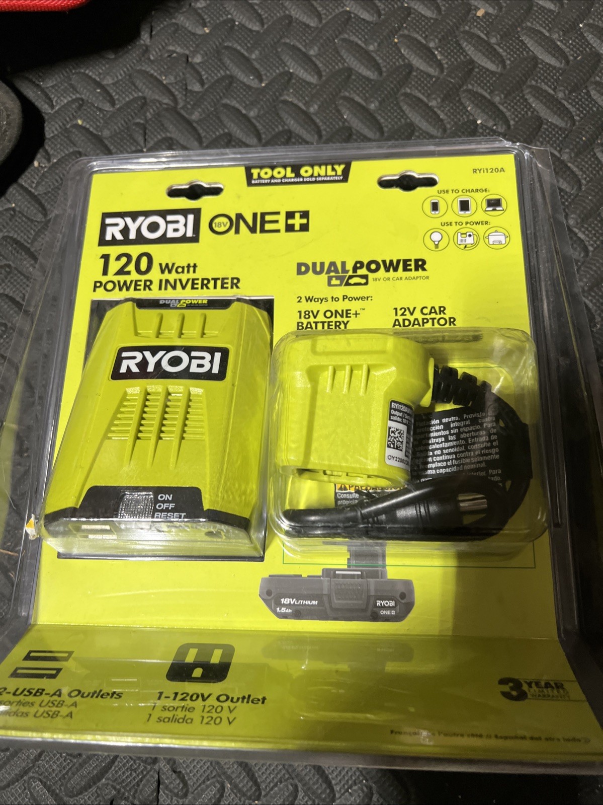 RYOBI 18V 120-Watt 12V Automotive Power Inverter Dual USB Ports RYi120A RYi120