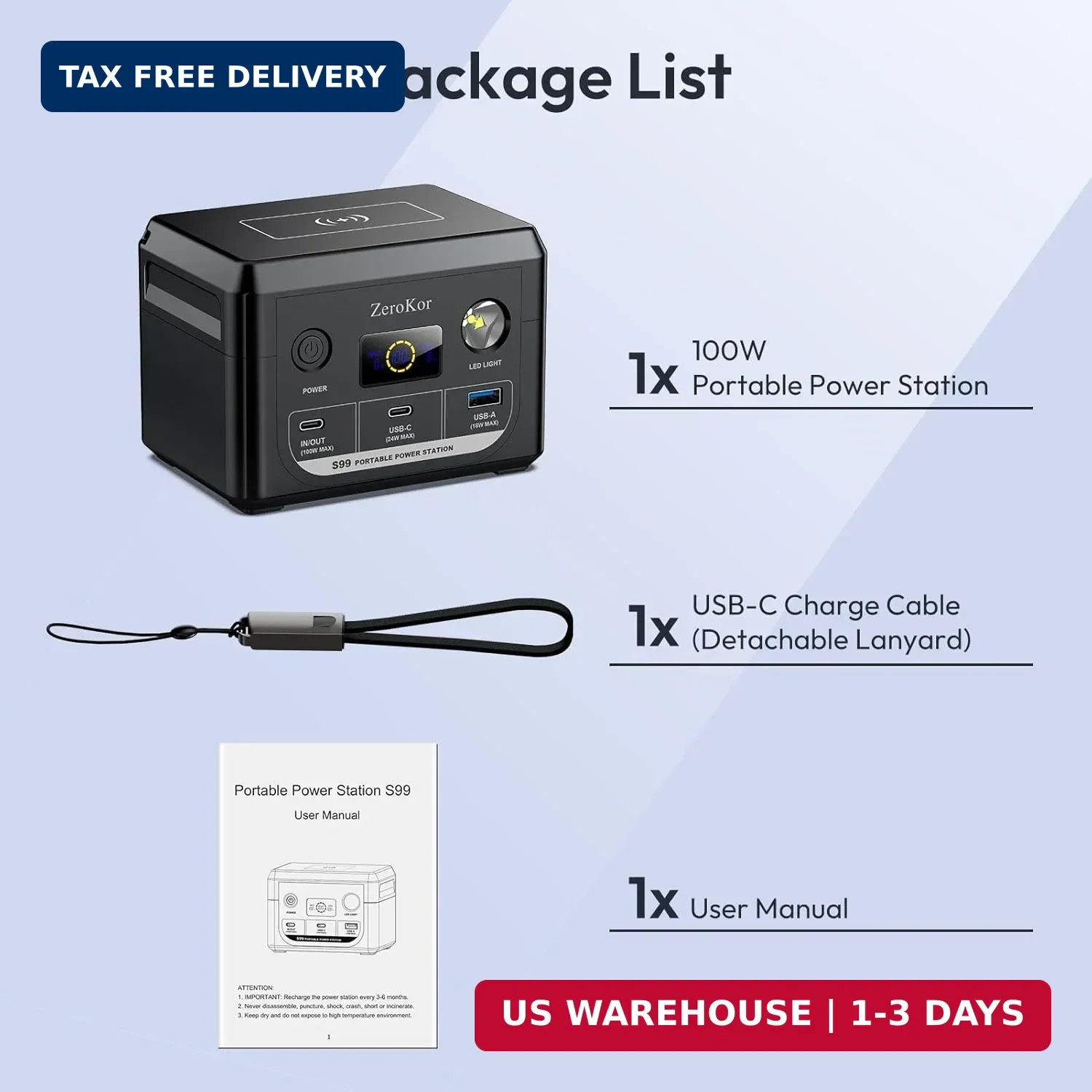 100W Portable Power Station, 96Wh Small Generator 30000mAh LiFePO4 Battery with
