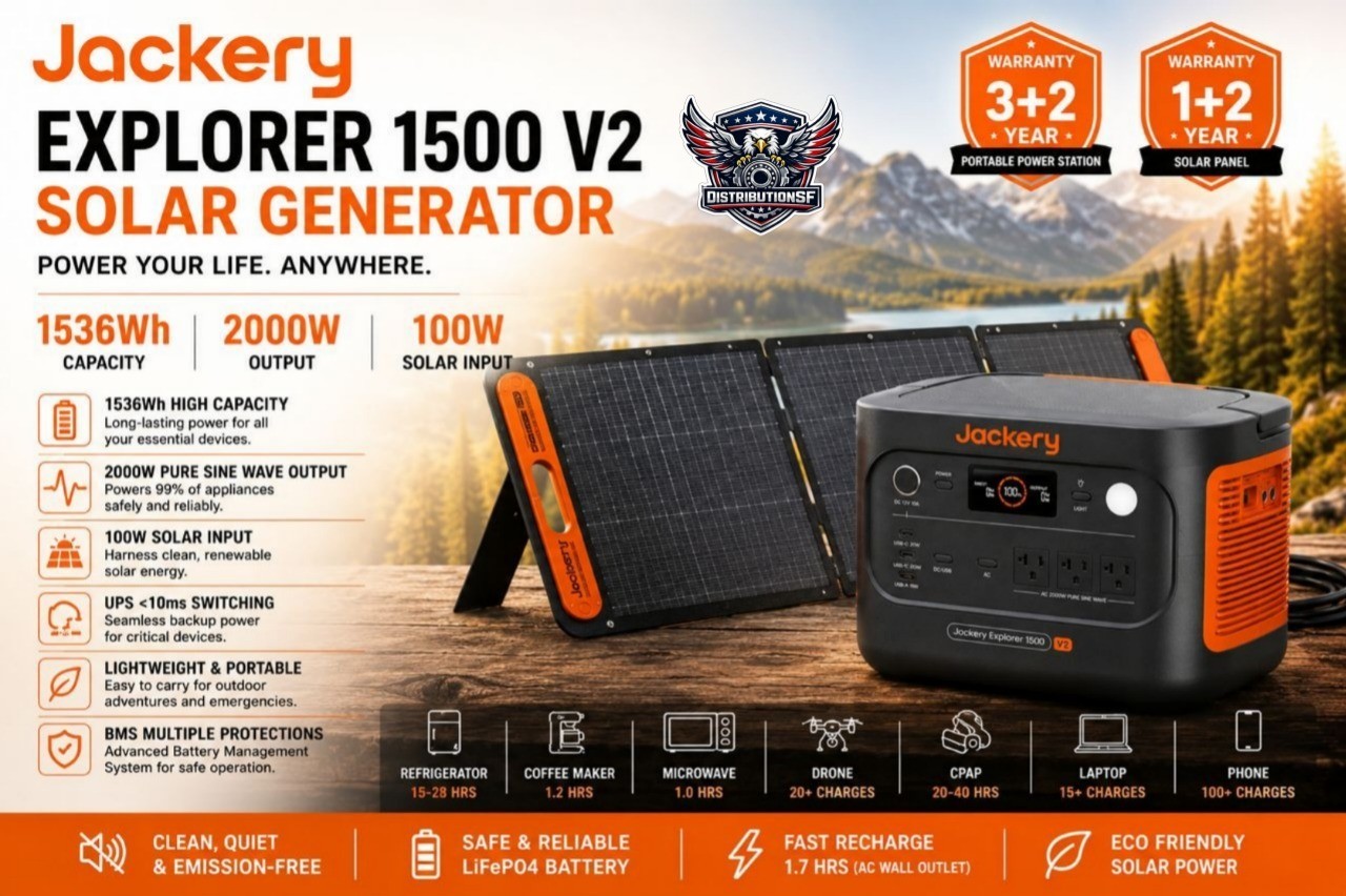 Jackery Explorer 1500 V2 Solar Generator 1536Wh 2000W + 100W Solar Panel