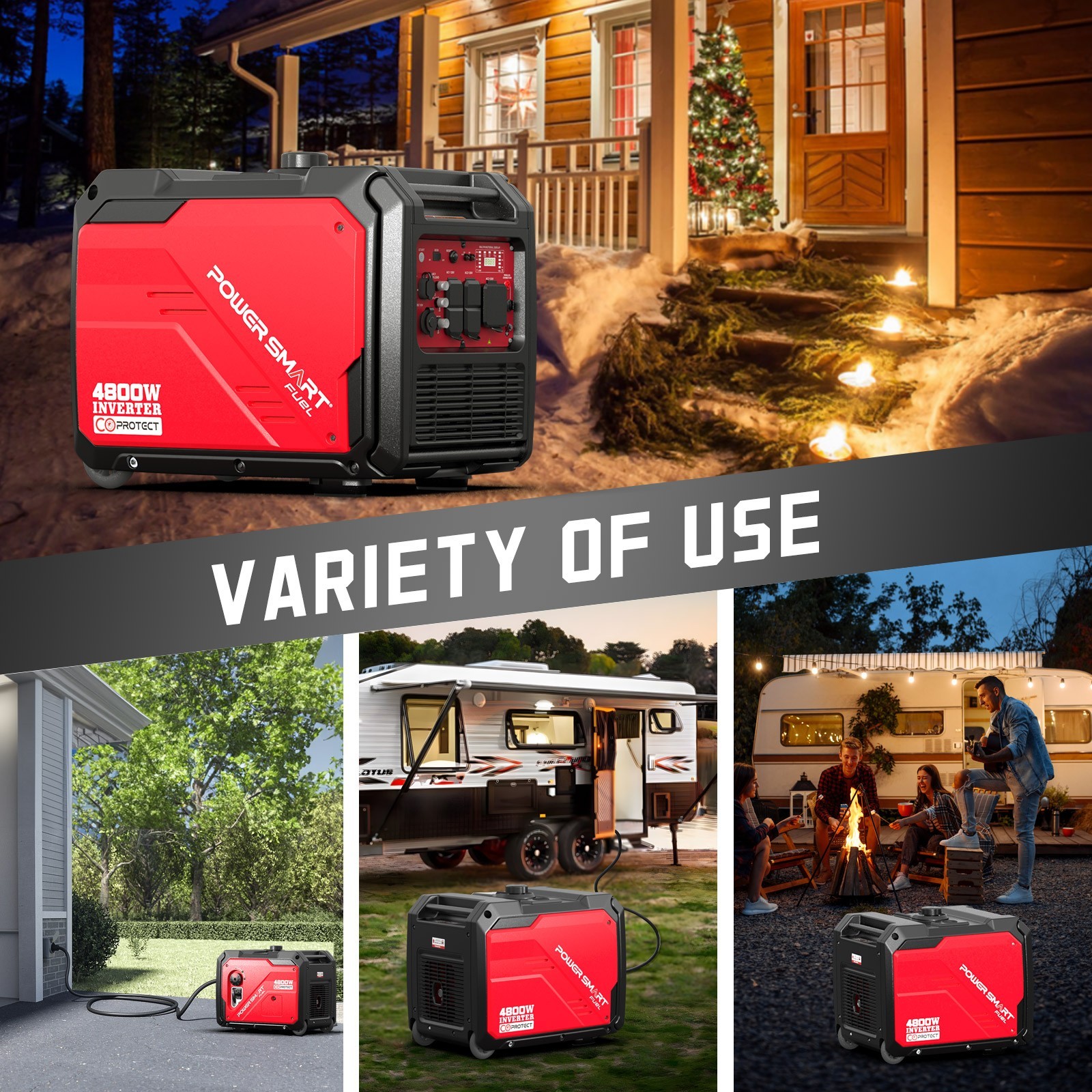 PowerSmart 4800W Gas Inverter Generator, Electric Start, 10H Run, 120V, CO Alarm