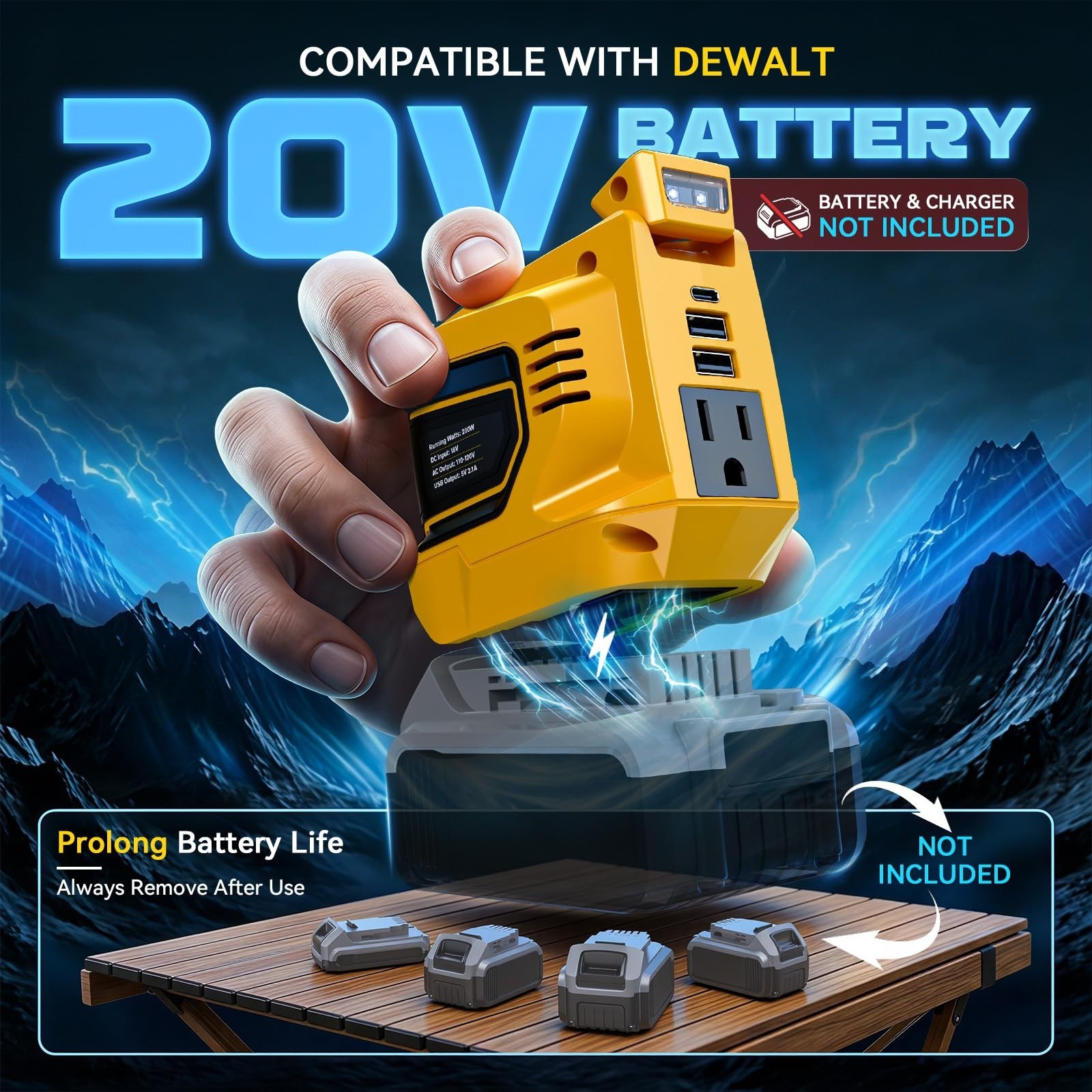 220W Portable Power Inverter for 20V Battery, AC 110V, USB-A, Type-C, LED Light