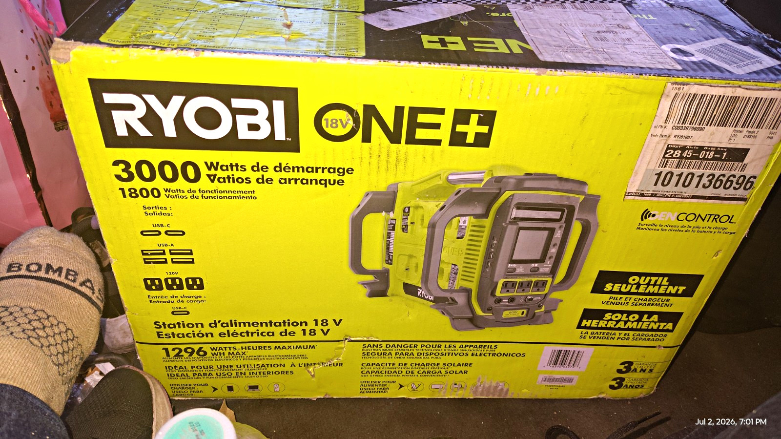RYOBI 18V ONE+ RYI818BT Portable Power Generator 3000W Start/1800W Run