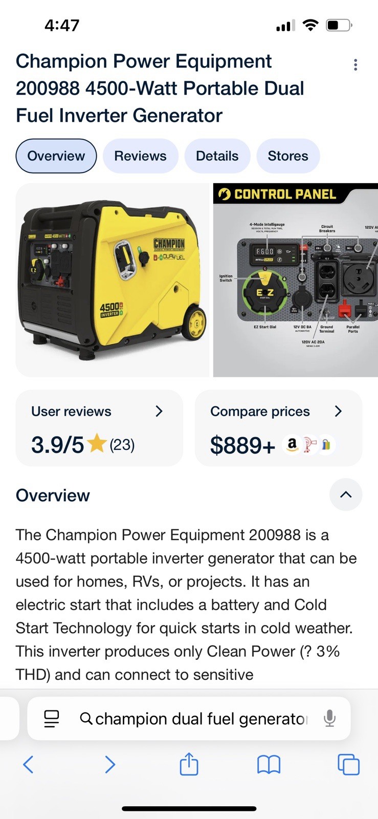 Champion 4500/3500 #200988 Dual Fuel Inverter Generator Parallel Read