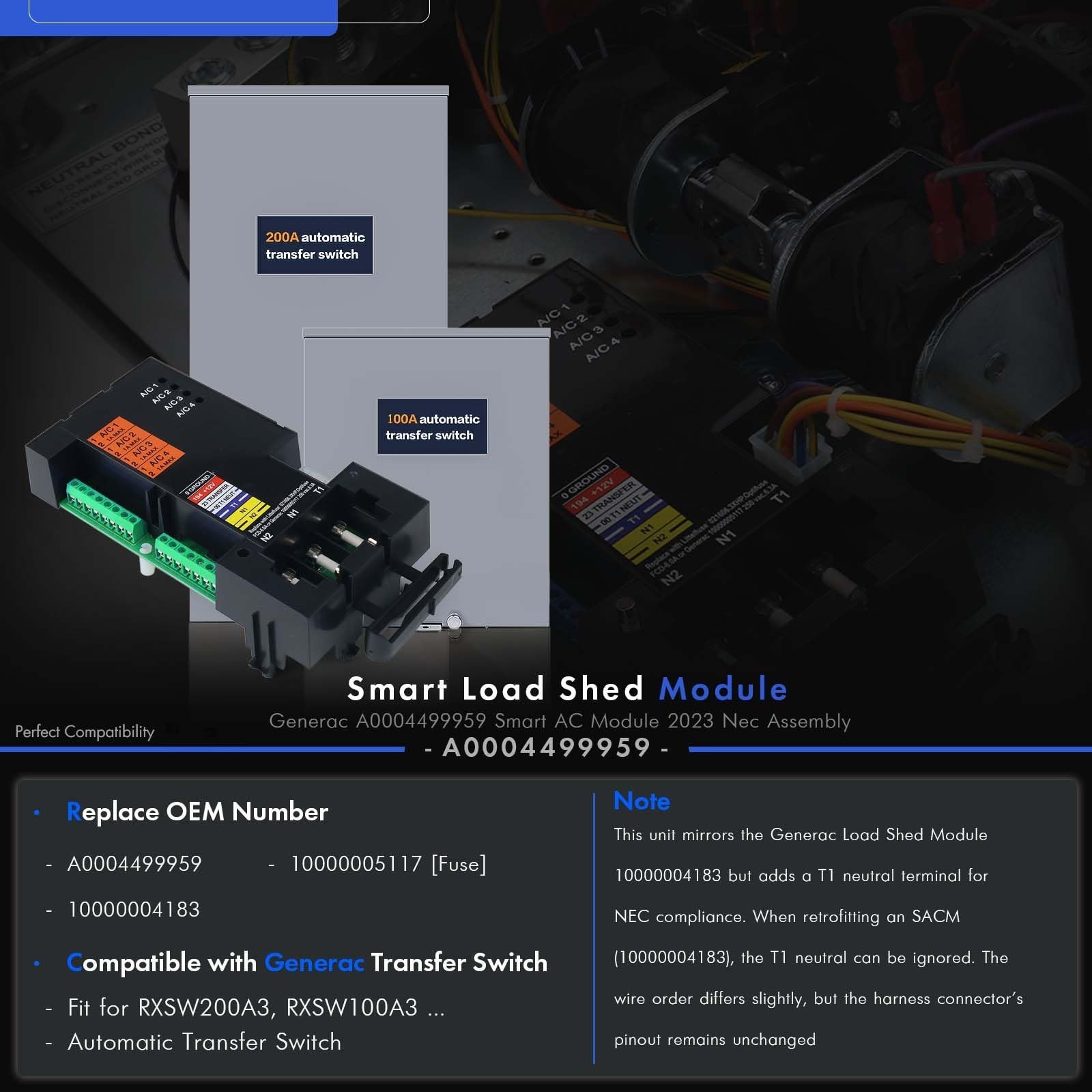 Smart AC Load Shed Module for Generac Generator ATS 100/200 Amp, Fuse Included