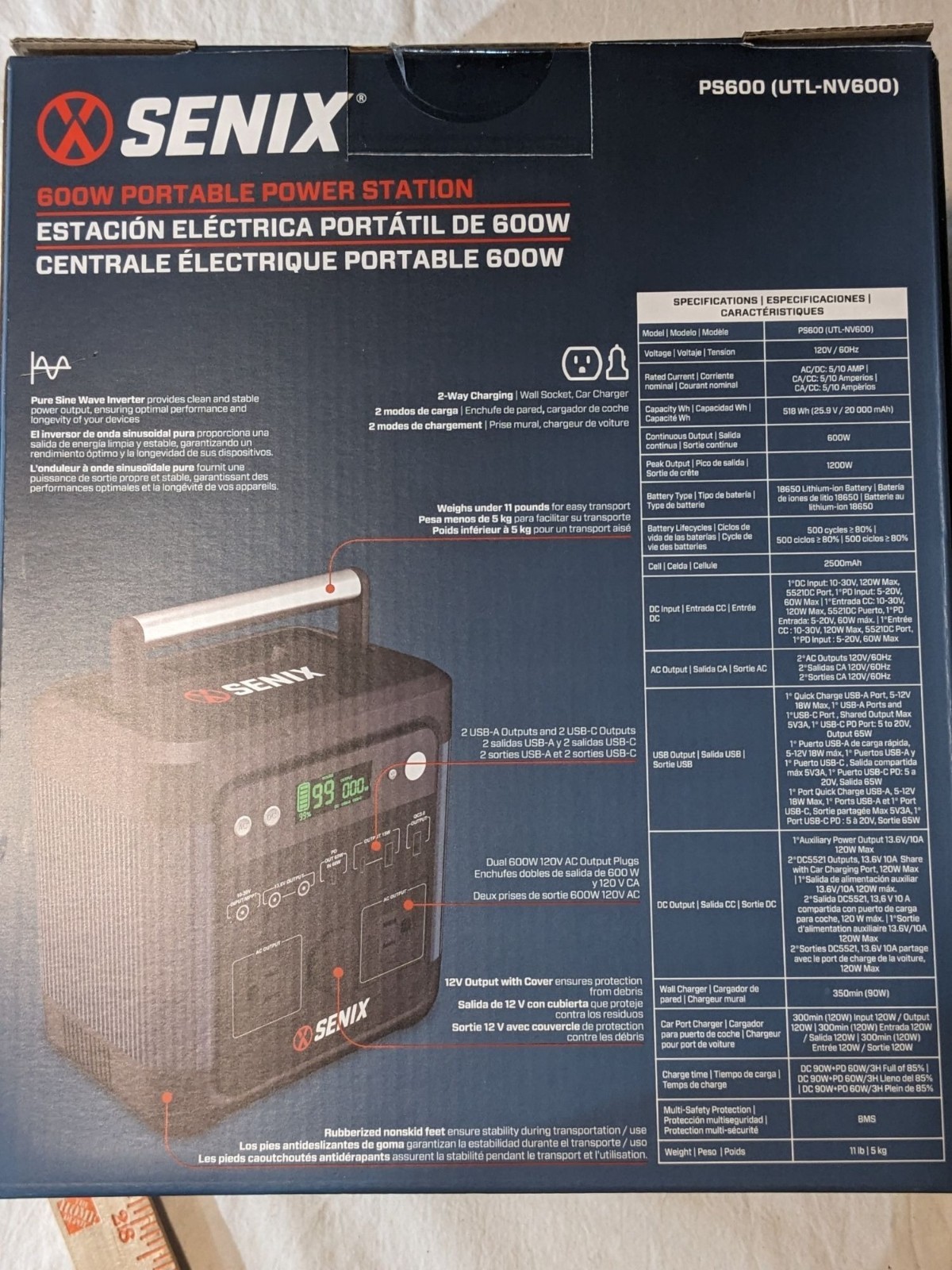 Senix PS600 600W/1200W Peak Portable Power Station 518Wh Pure Sine Wave AC/DC
