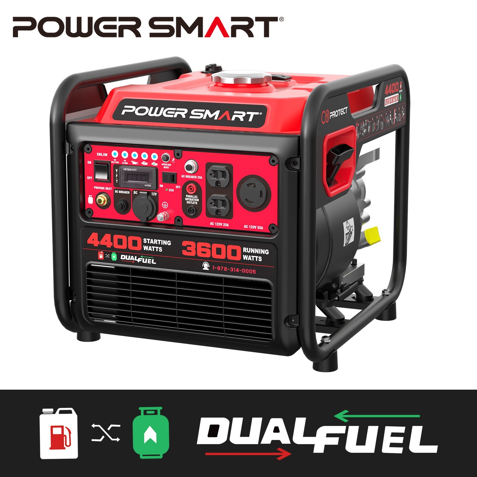 PowerSmart 4400W Dual Fuel Inverter Generator, 223cc, Gas/Propane, Steel Frame