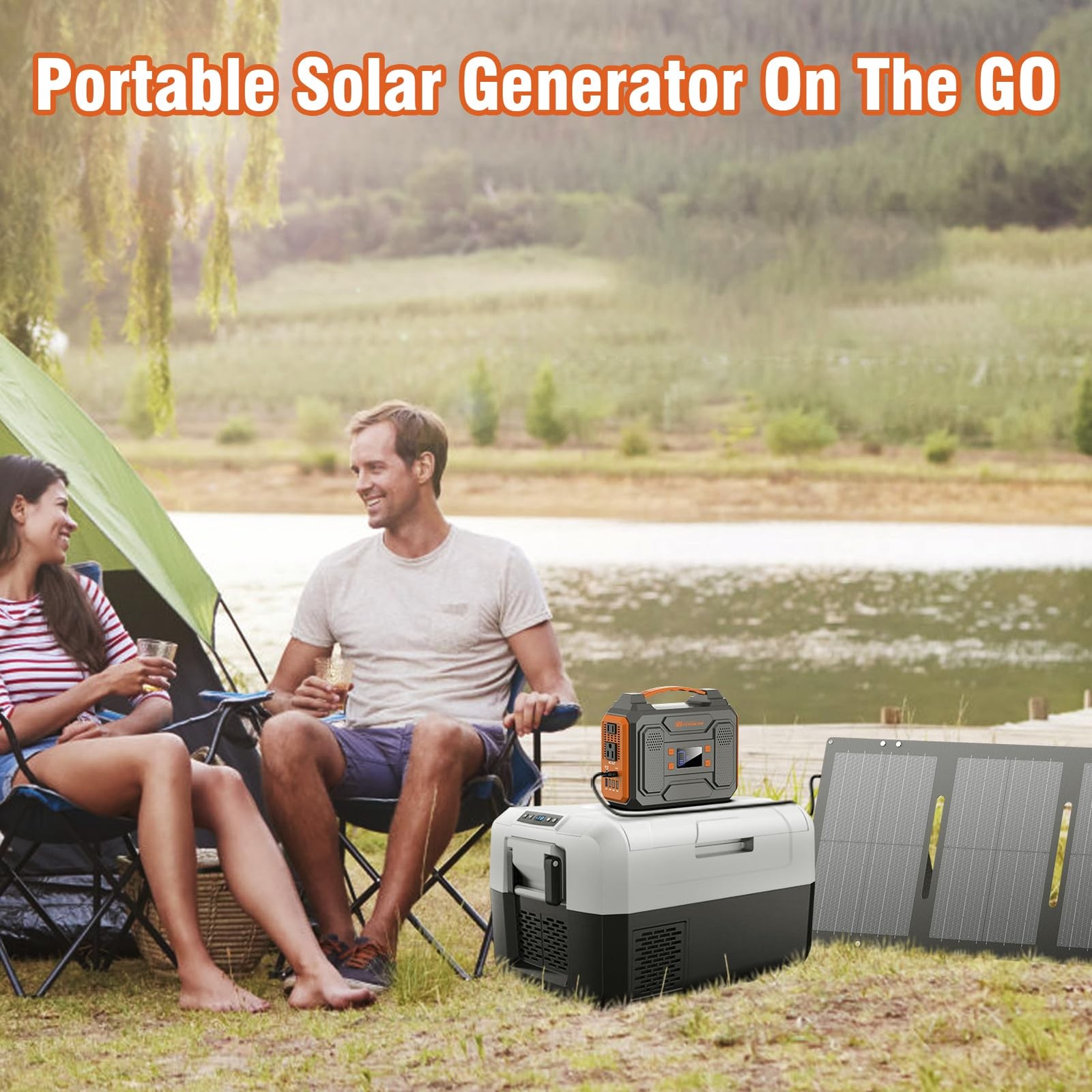 Portable Solar Generator, 300W Power Station with Black Orange