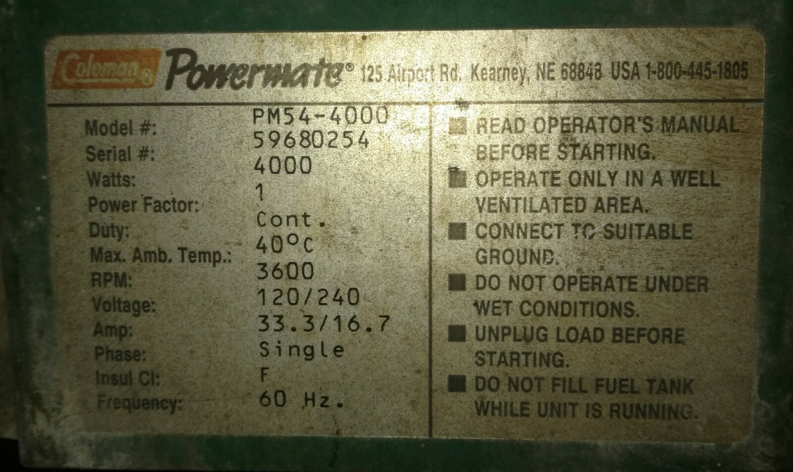 Coleman PM54-4000 Powermate 4000 watt generator