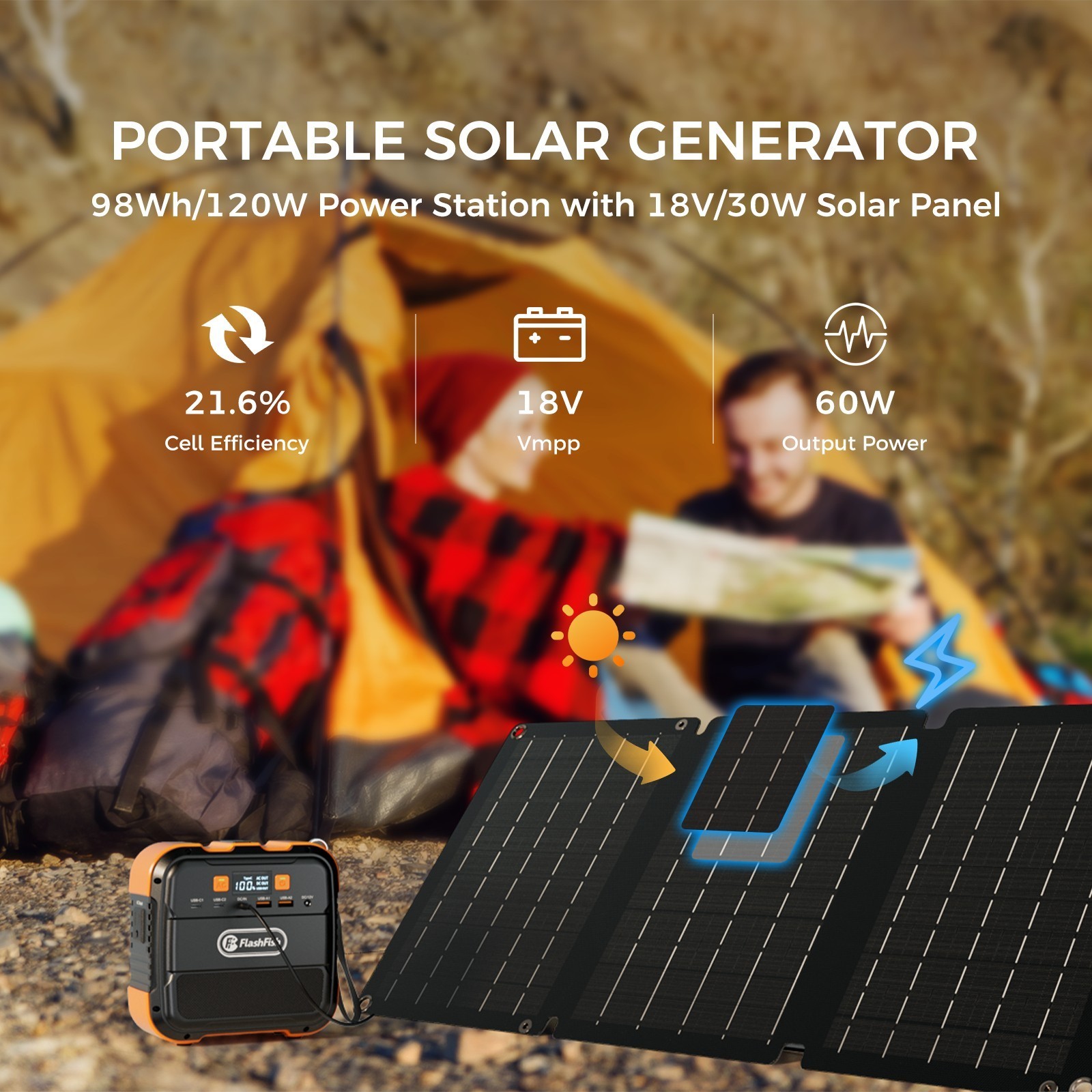 120W Portable Generator with 30W Solar Panel for Outdoors