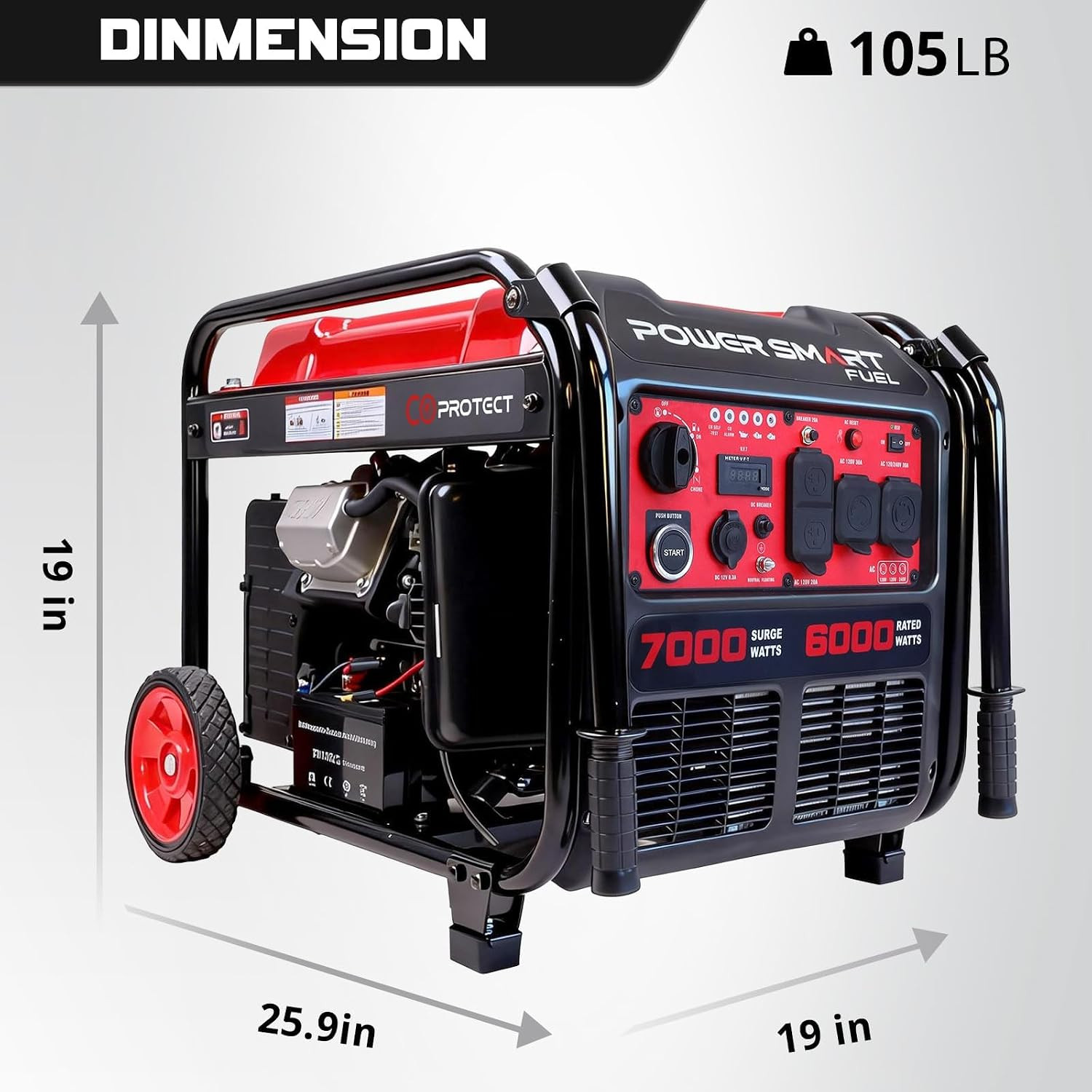 7000W Surge/6000W Rated Portable Inverter Generator, 120V/240V Dual Voltage, Ele