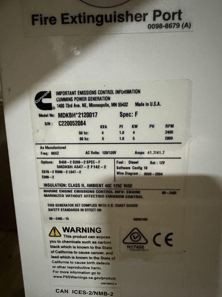 5kw Cummins Marine Quiet Diesel Generator – 120V 60hz 1PH – P/N: MDKBH*2120017