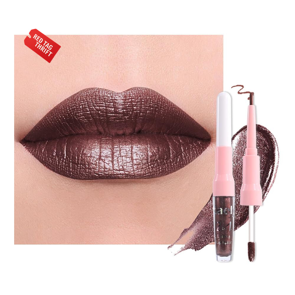 2In1 Dark Borwn Metallic Lipstick and Lip Liner, Shimmer Glitter Lip Gloss Long