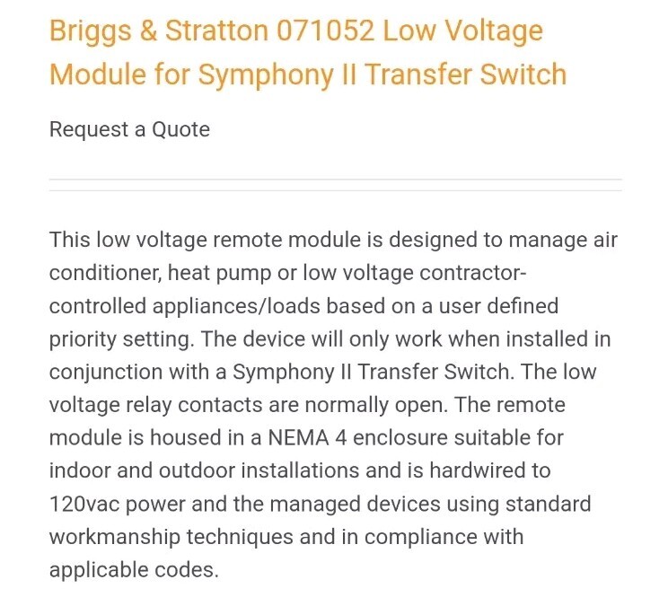 NEW Briggs & Stratton 071052 Low Voltage Module For Symphony Transfer Switch