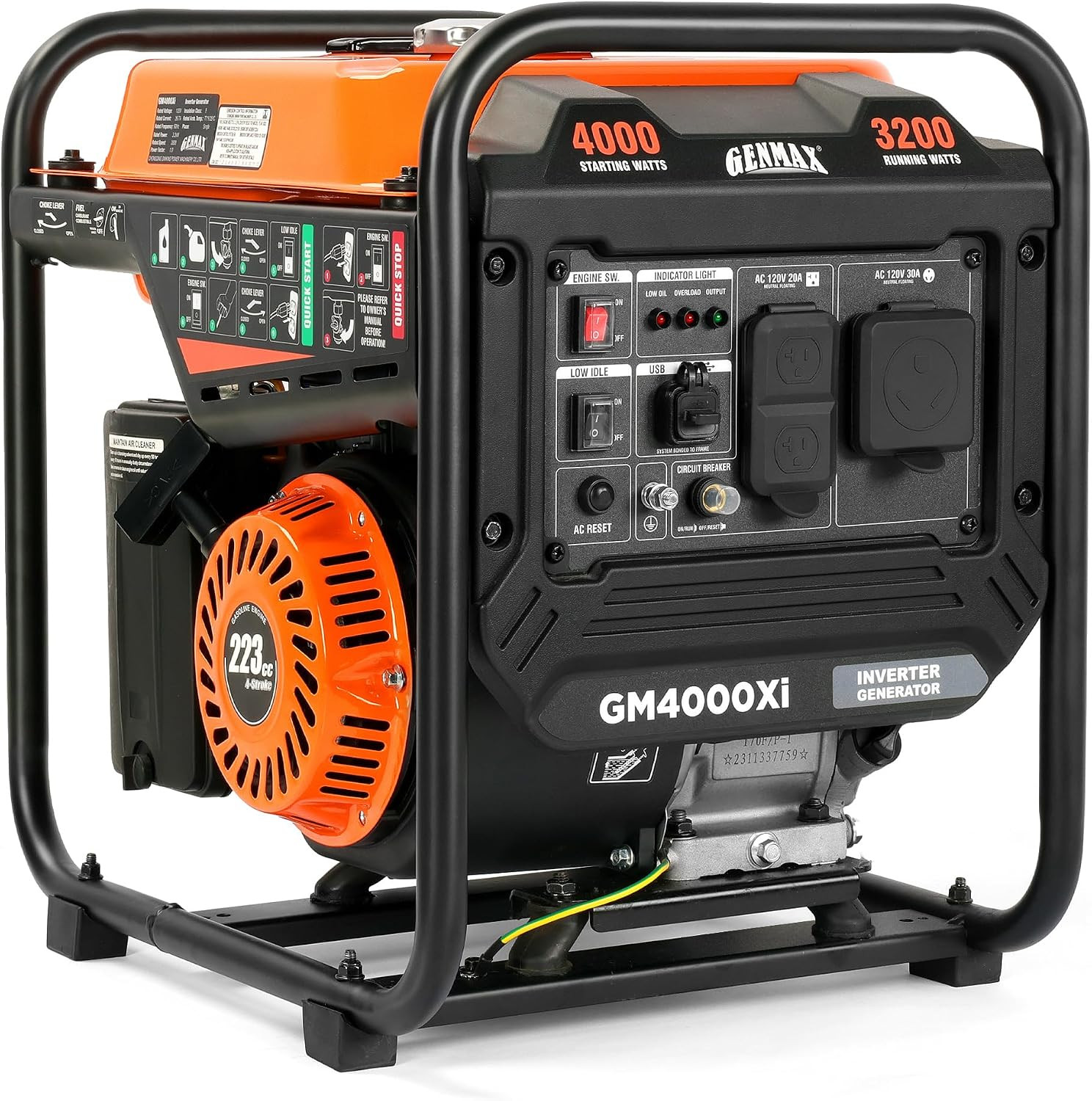 4000W Portable Open Frame Inverter Generator, 223Cc Engine, with 30A RV Outlet,