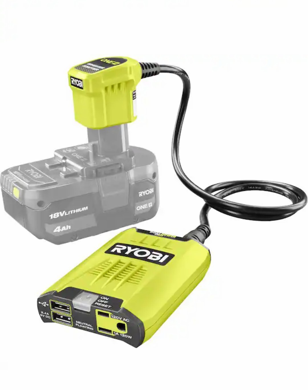 Ryobi One+ 18V 120-Watt 12V Power Inverter with Dual USB Ports Tool Only