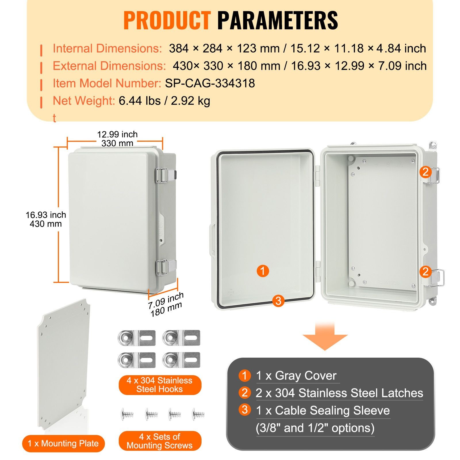 Outdoor Electrical Junction Box, 16.93 x 12.99 x 7.09 in, ABS Plastic Electrical