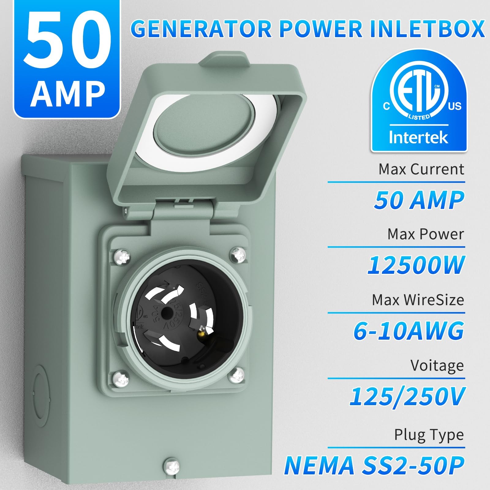 BEBOBLY Generator Inlet Box, 50 Amp NEMA PB50, 50 Power Gray