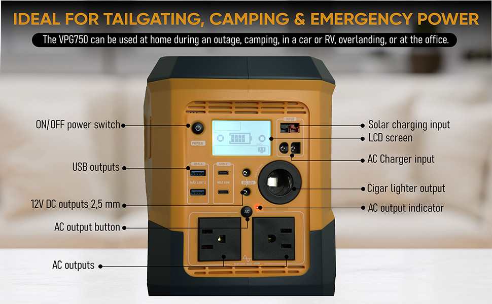 Portable Power Station VMAX VPG750 + Charger 786Wh for camping, outages