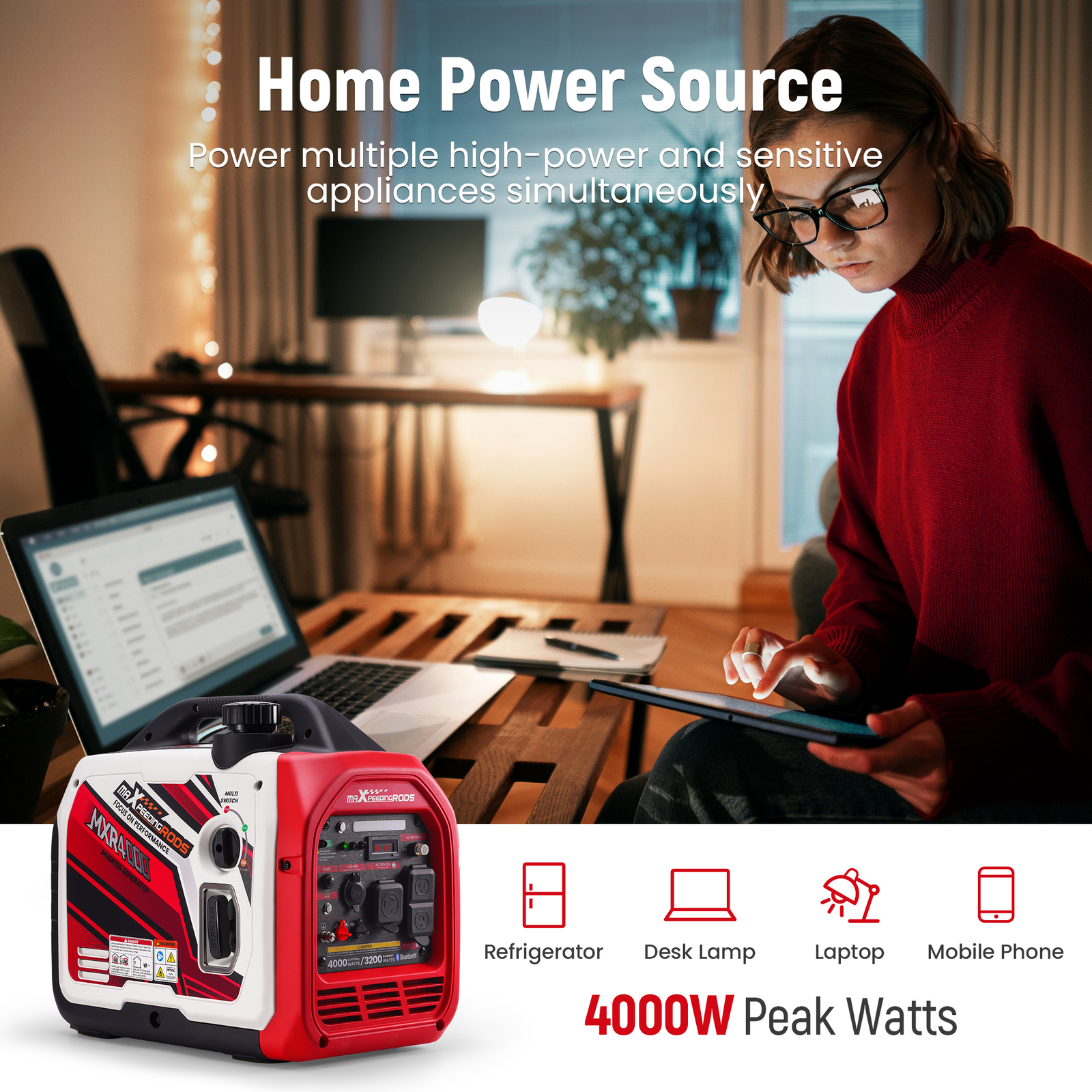 Gas-powered 4000 Watt Generator Portable Pure Sine Wave with Bluetooth CO Alert