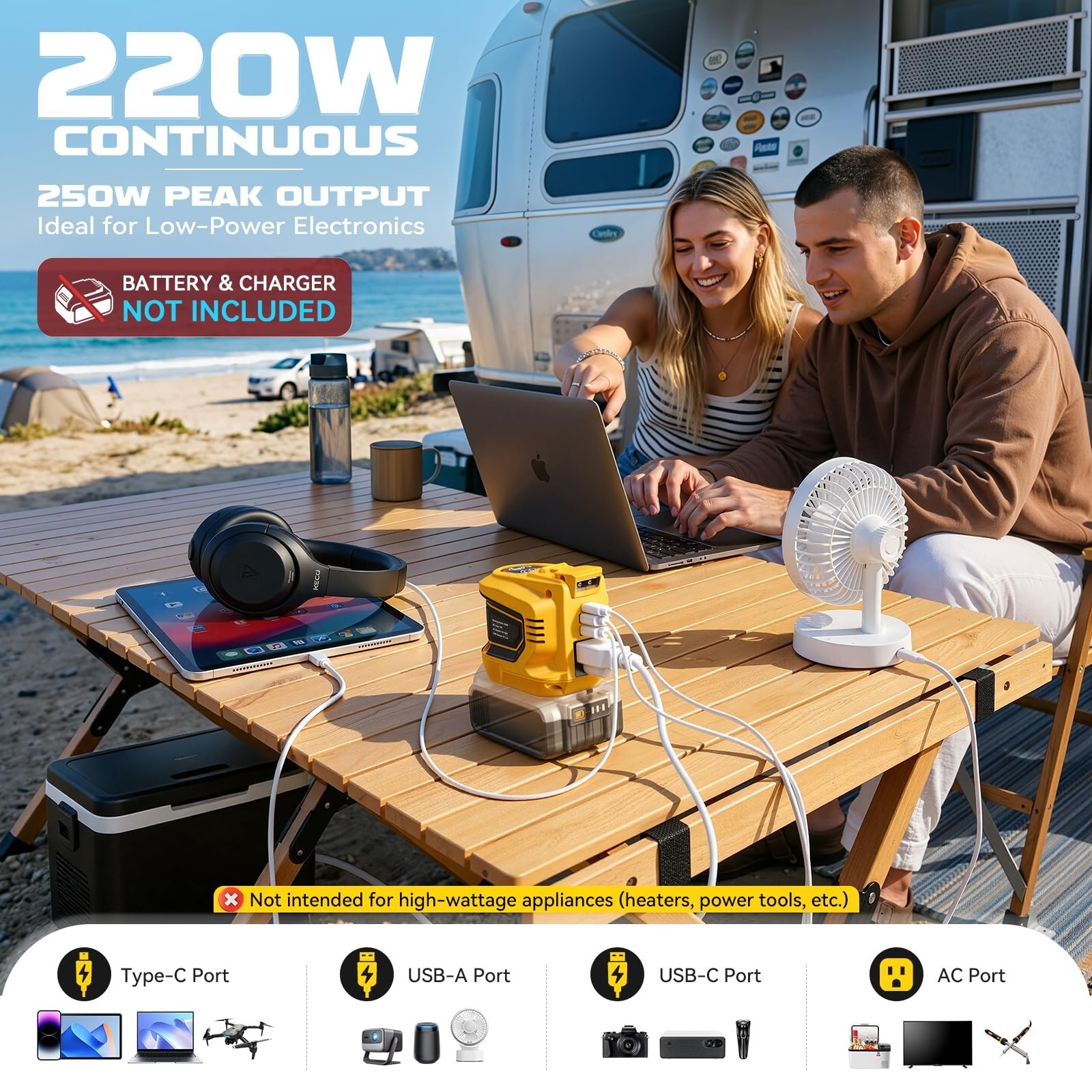 220W Portable Power Inverter for 20V Battery, AC 110V, USB-A, Type-C, LED Light