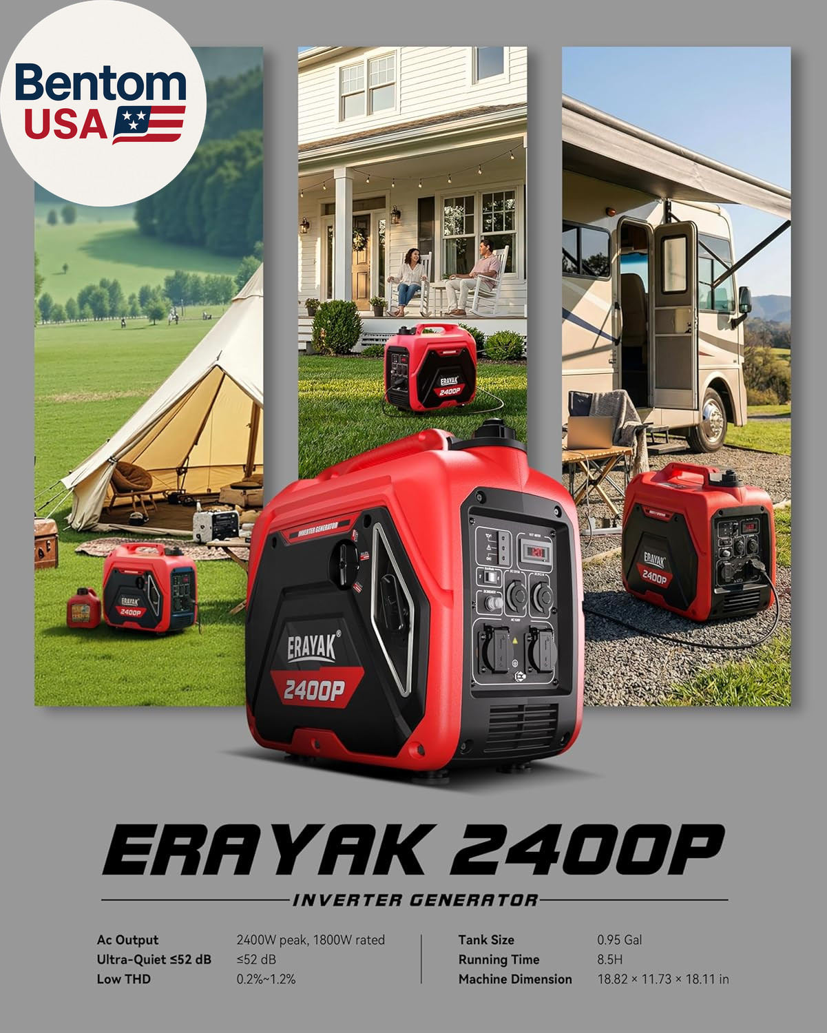 2400W Portable Inverter Generator for Home Use, Super Quiet Small Generator for