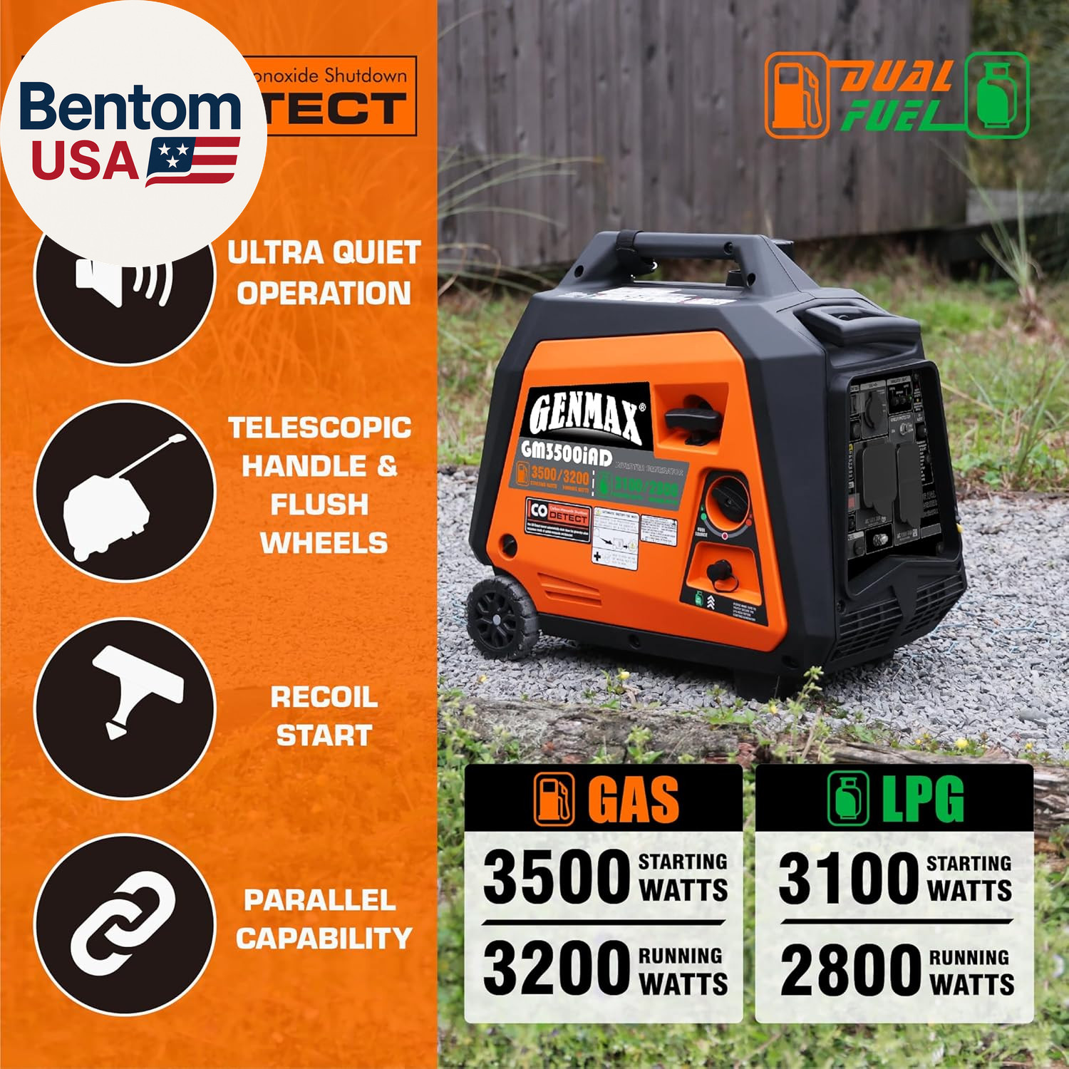 Portable Generator, 3500W Super Quiet Gas or Propane Powered Engine with Paralle